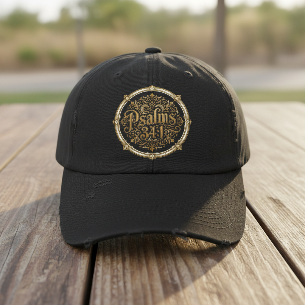 Distressed Black Cap – Psalms 23:1 Vintage Gold Emblem Hat | Faith & Freedom Creations