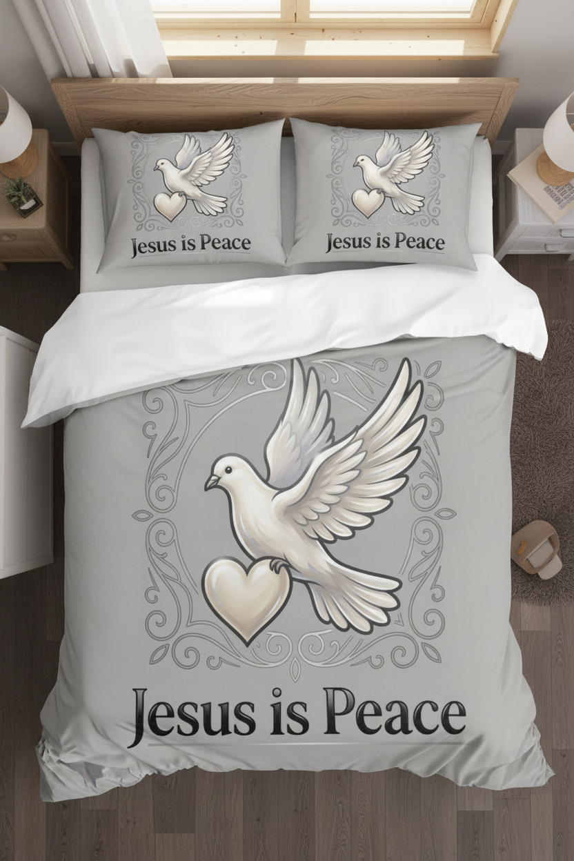 Gray cotton bedding set featuring a white dove carrying a heart with elegant filigree and the words "Jesus Is Peace" on a Christian faith-inspired comforter and pillow sham.