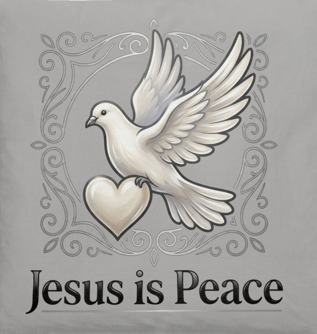 Gray cotton bedding set featuring a white dove carrying a heart with elegant filigree and the words "Jesus Is Peace" on a Christian faith-inspired comforter and pillow sham.