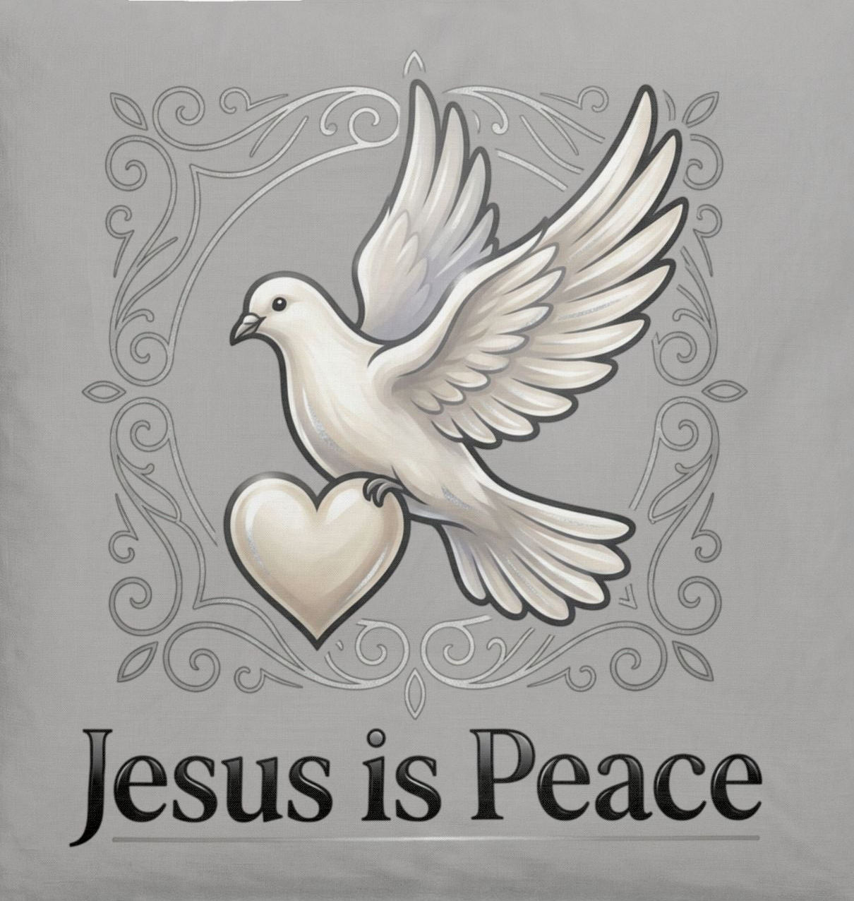 Gray cotton bedding set featuring a white dove carrying a heart with elegant filigree and the words "Jesus Is Peace" on a Christian faith-inspired comforter and pillow sham.