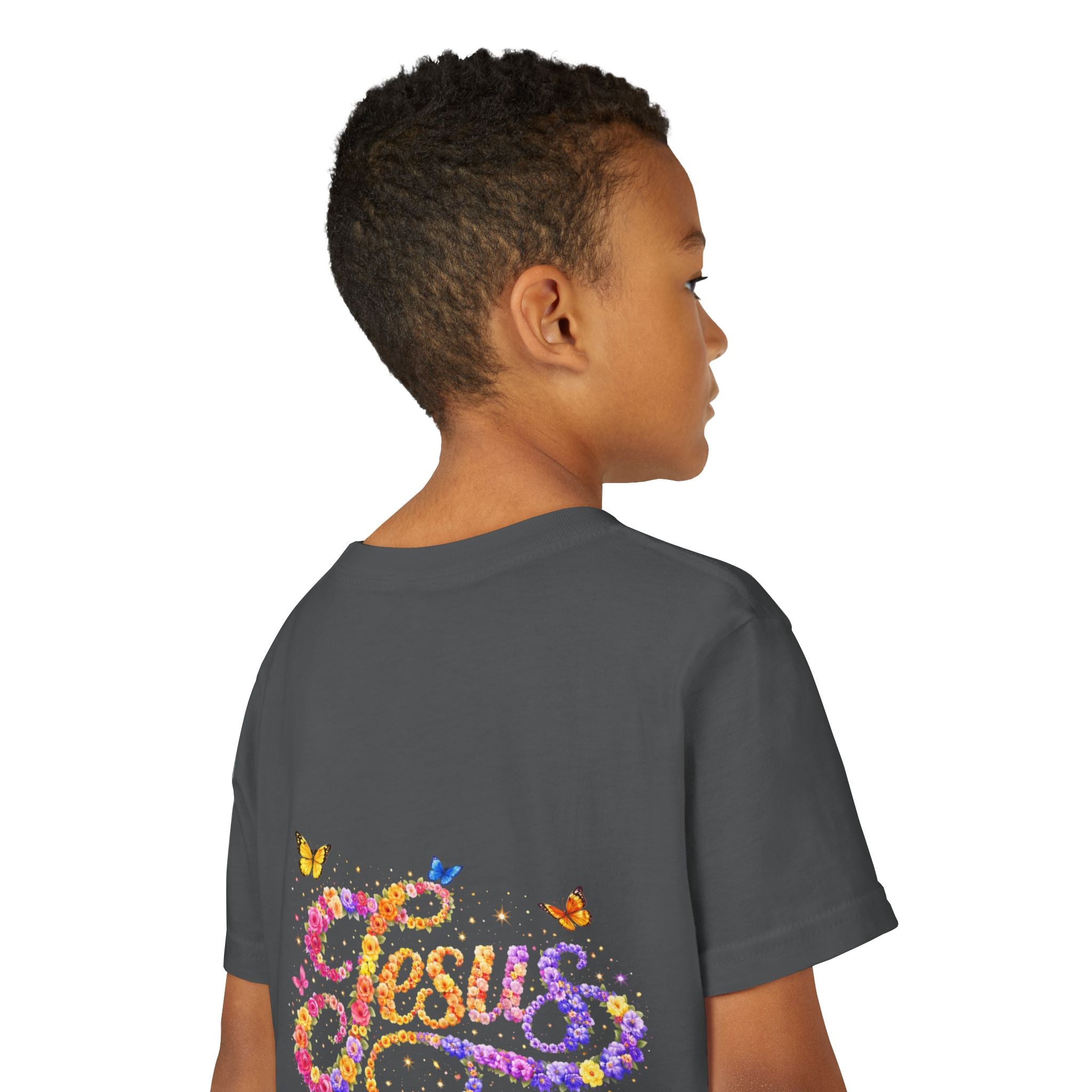 Youth Jesus Floral Script T-Shirt – Butterfly Christian Kids Tee | Faith Youth Shirt