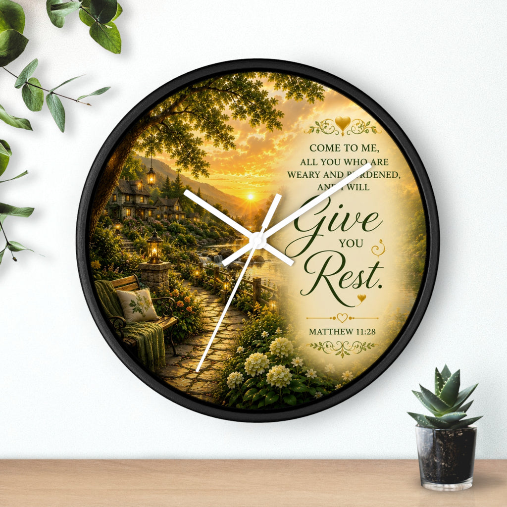 Inspirational Christian wall clock featuring a peaceful cottage garden path at sunset with Matthew 11:28 scripture inviting rest and peace.