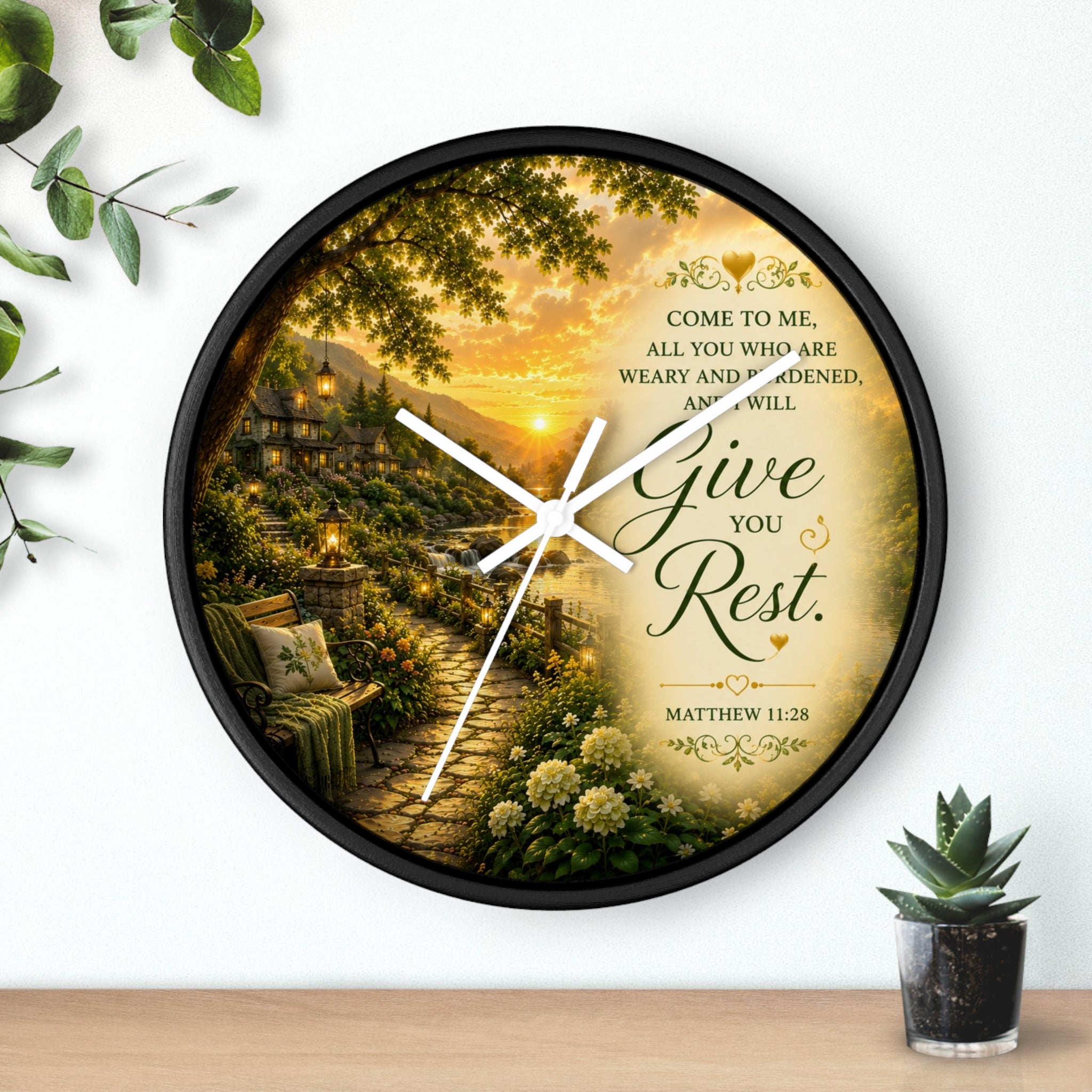 Inspirational Christian wall clock featuring a peaceful cottage garden path at sunset with Matthew 11:28 scripture inviting rest and peace.