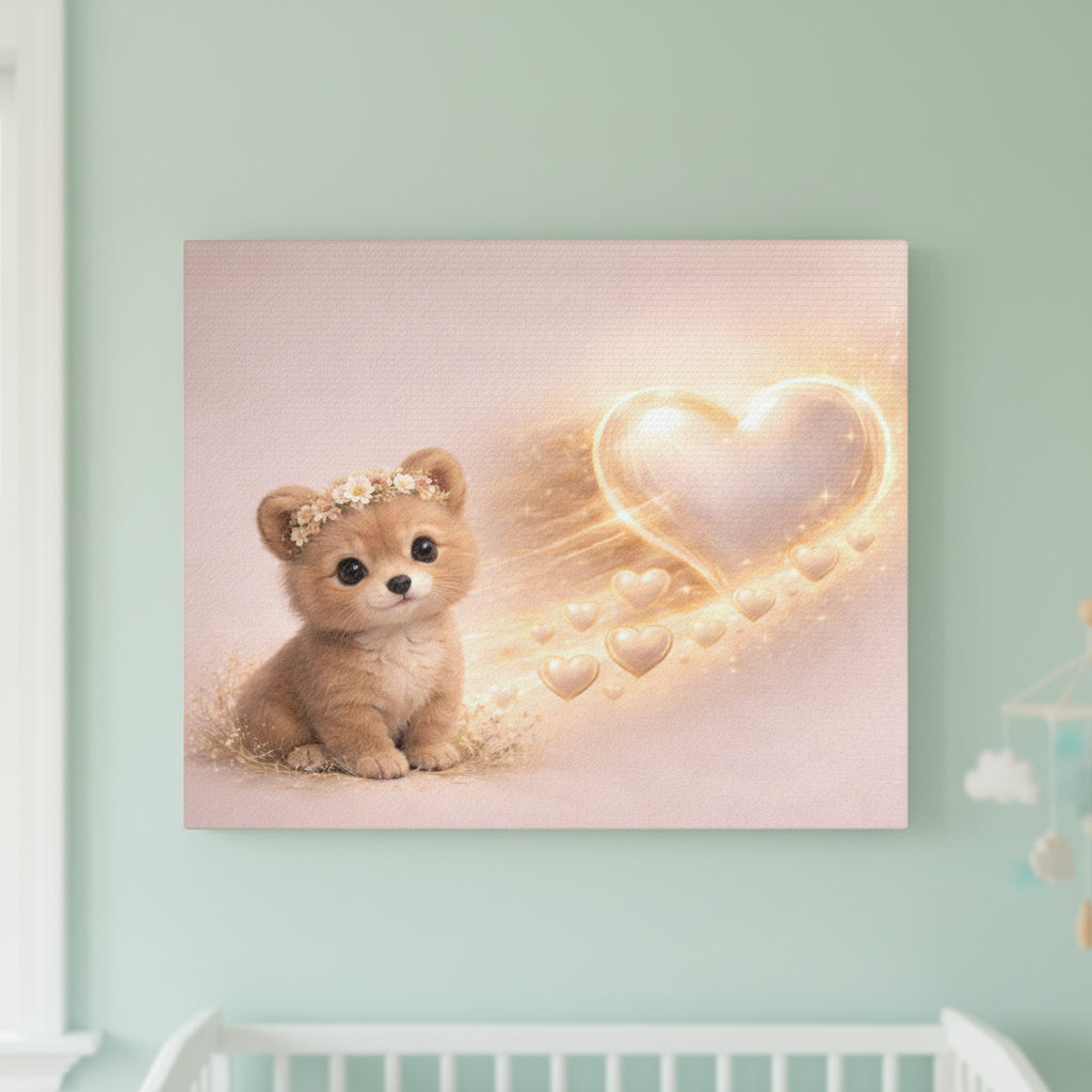 Cute Bear Canvas Wall Art — Woodland Nursery Bear with Heart | Baby Room Decor