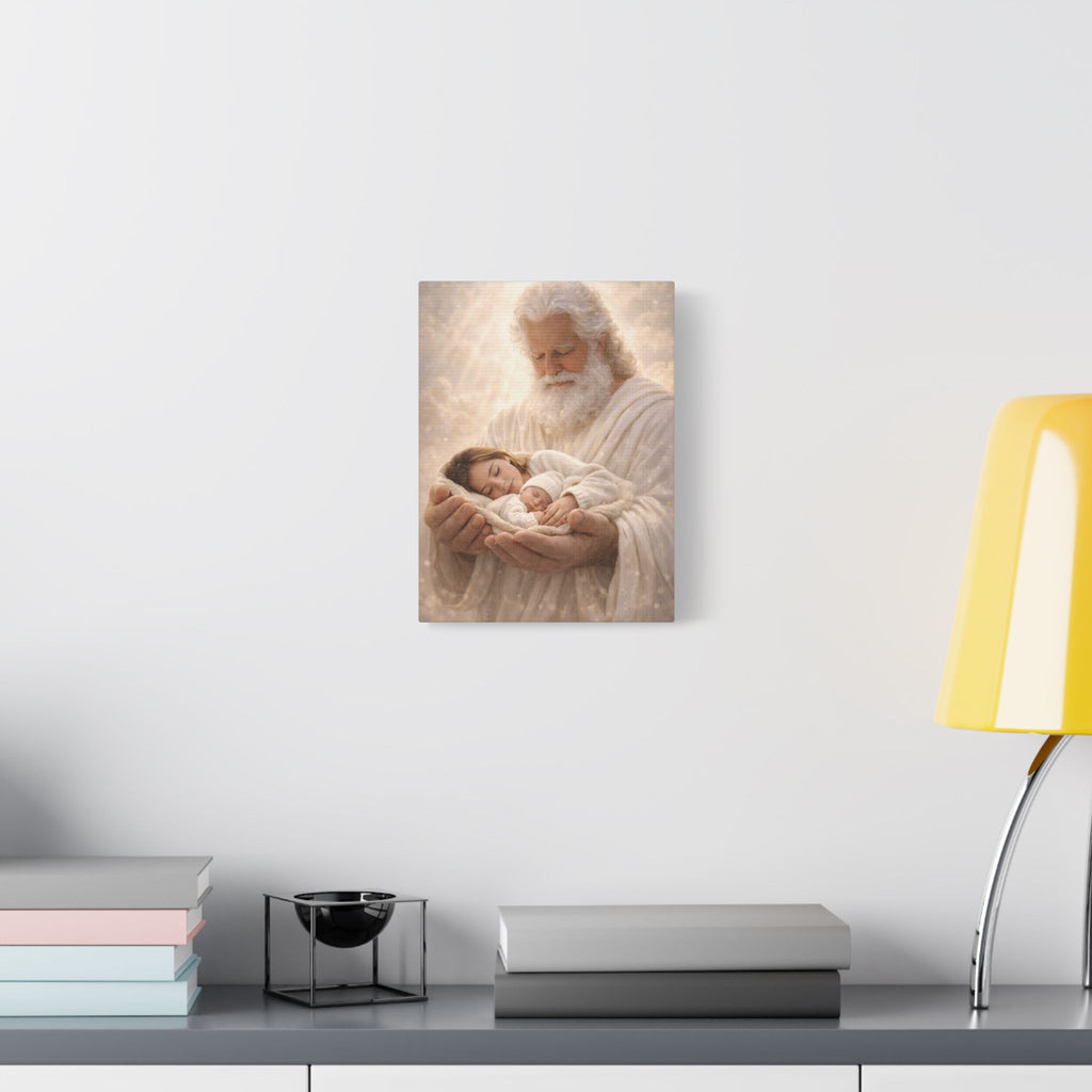 Safely in His Hands Canvas — 'Mom & Baby' Sleeping in God's Embrace Wall Art