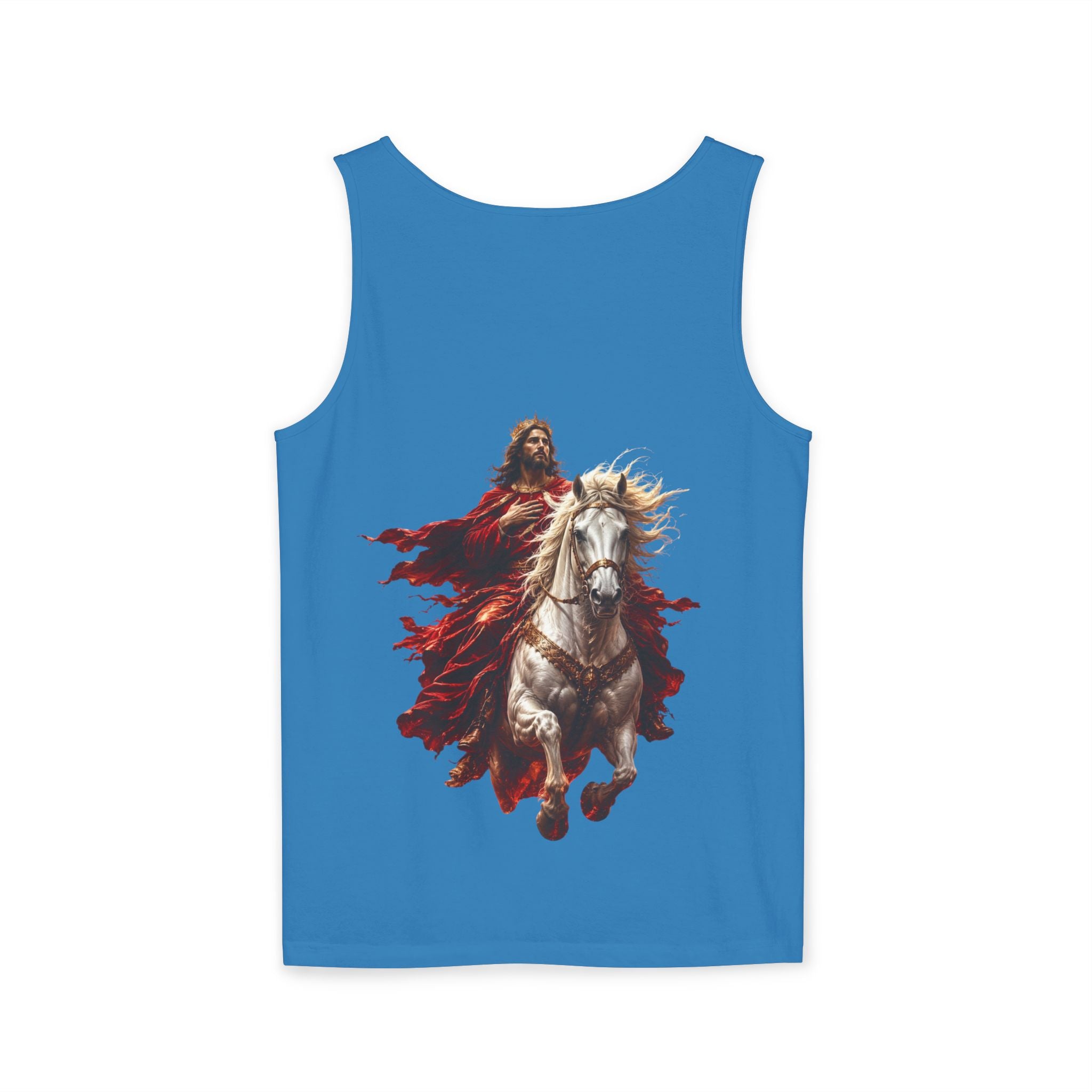 Christian tank top featuring Jesus riding a white horse with inspirational Second Coming artwork on a soft garment-dyed sleeveless shirt.