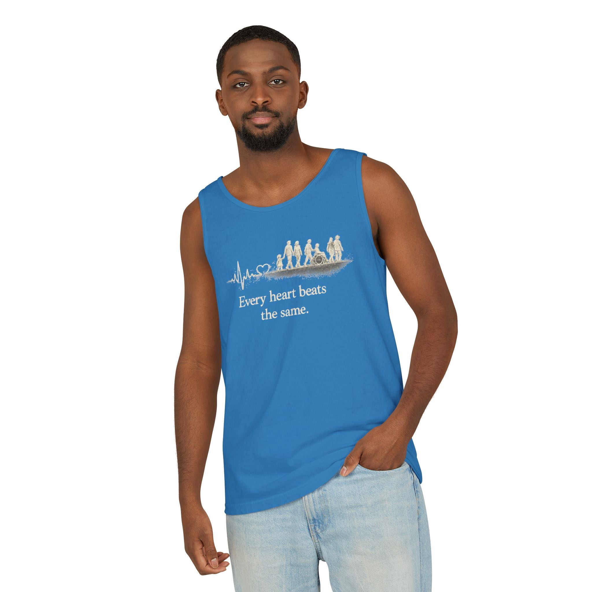 “Every Heart Beats the Same” Vintage Surf Tank Top – Garment-Dyed Coastal Unity Tank