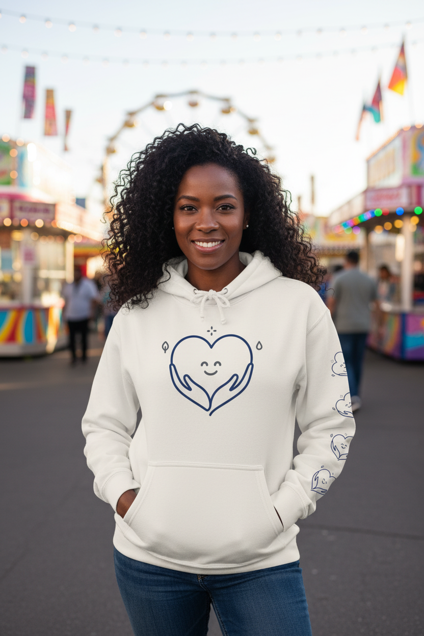 Person wearing a white hoodie with a heart design at a fairground.