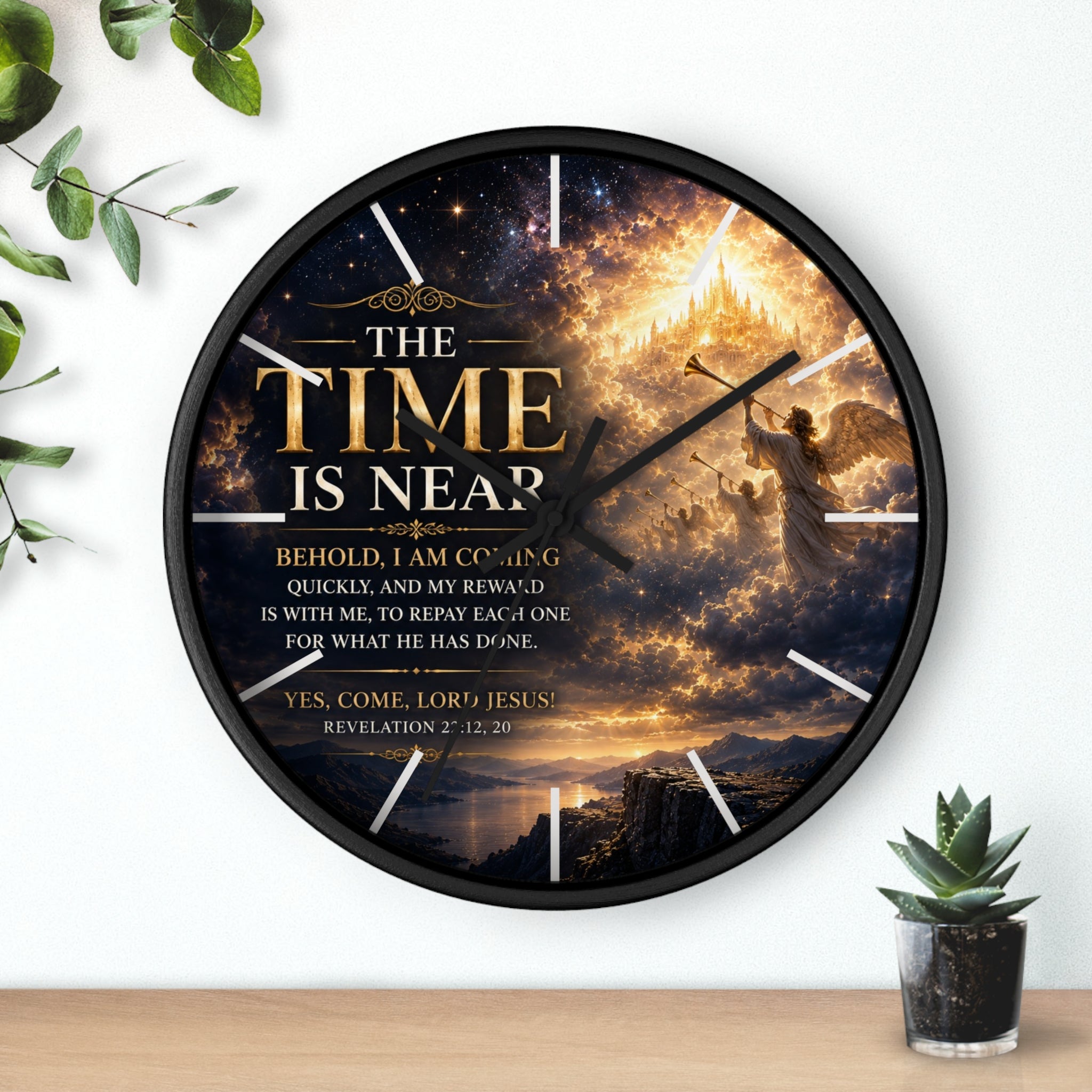 Inspirational Christian wall clock featuring celestial clouds, radiant golden light, and Revelation 22 scripture artwork with the phrase “The Time Is Near.”