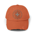 Vintage distressed Christian baseball cap featuring a compass emblem and the phrase “Guided by Faith” on a soft low-profile cotton twill hat.