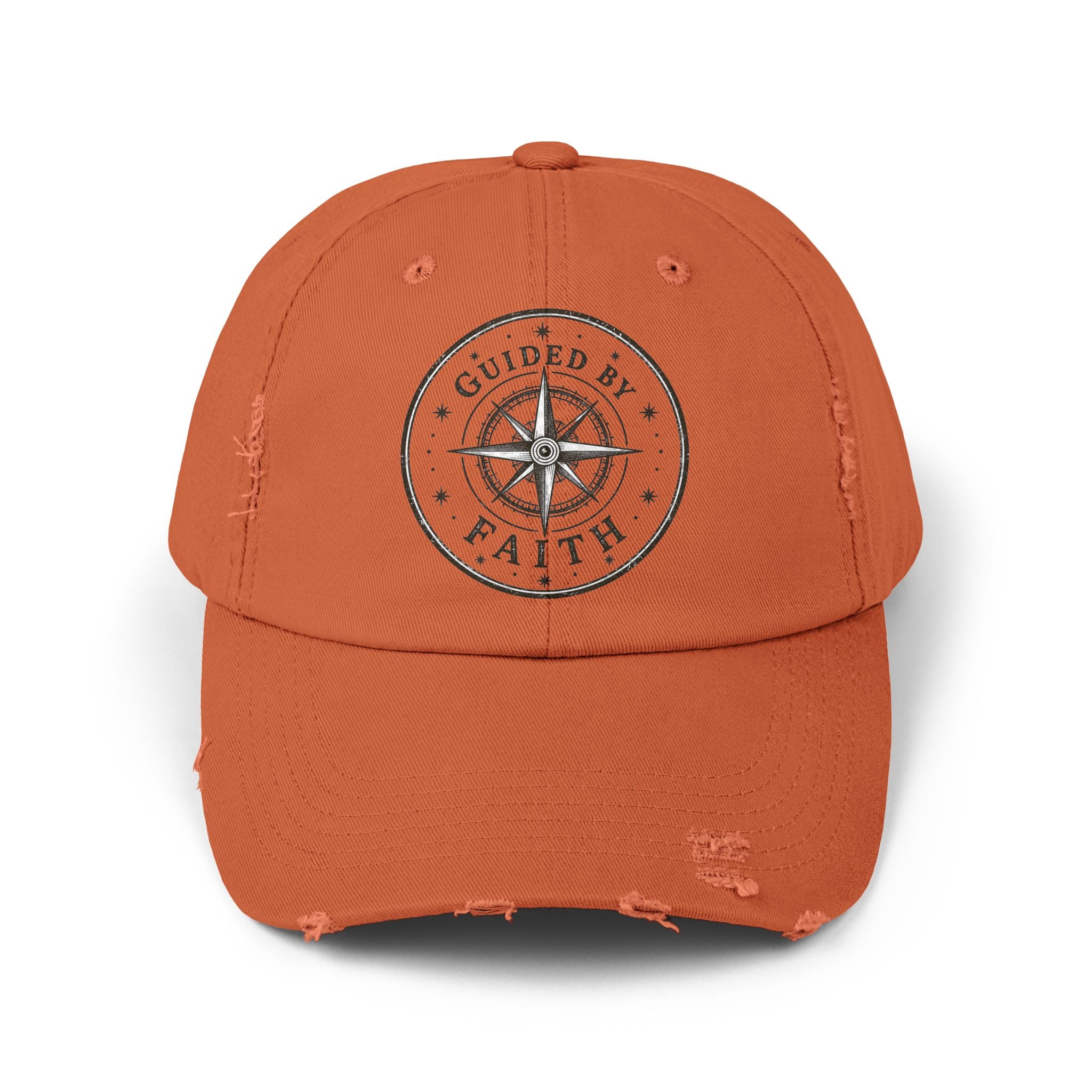 Vintage distressed Christian baseball cap featuring a compass emblem and the phrase “Guided by Faith” on a soft low-profile cotton twill hat.