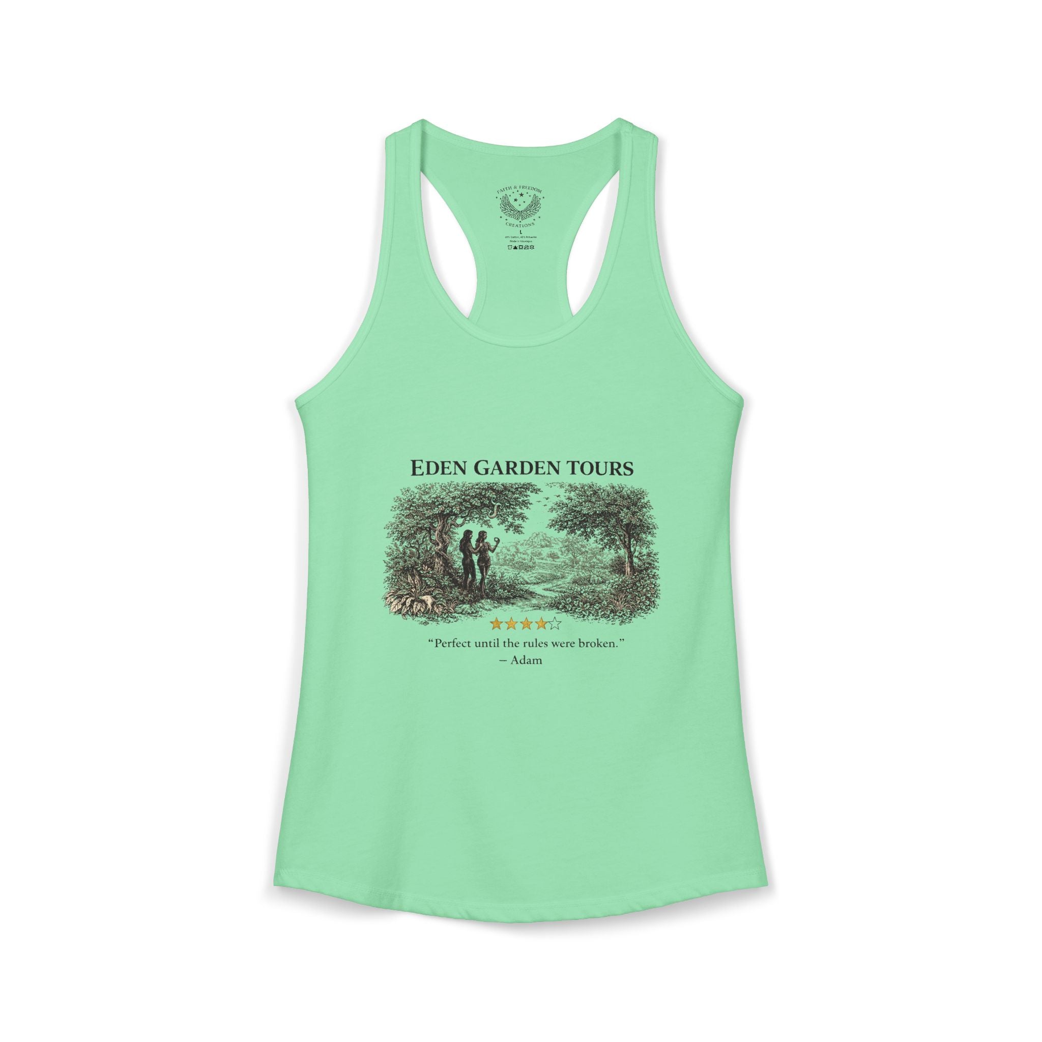 Eden Garden Tours Women's Racerback Tank — 'Adam's Review' Graphic