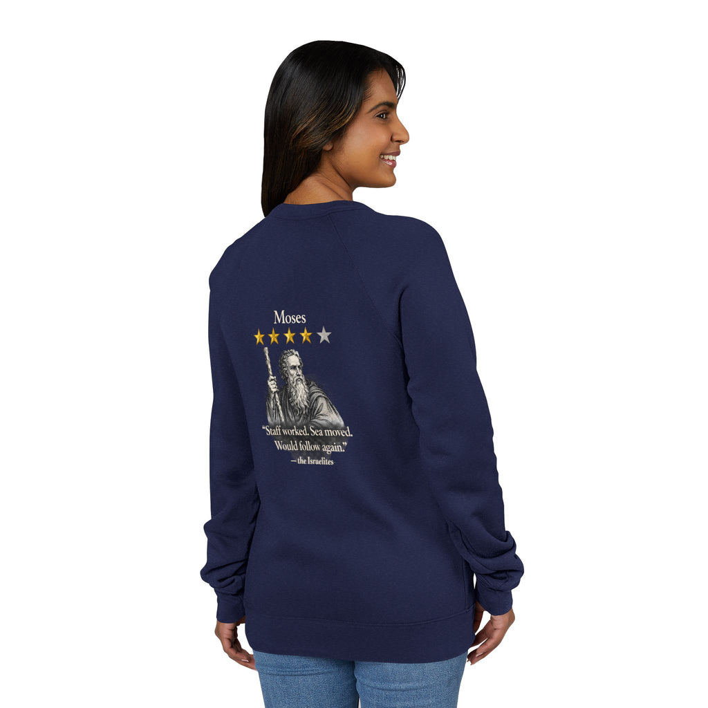 Moses Five-Star Faith Series – Raglan Sweatshirt | “Staff Worked. Sea Moved.” Faith Graphic