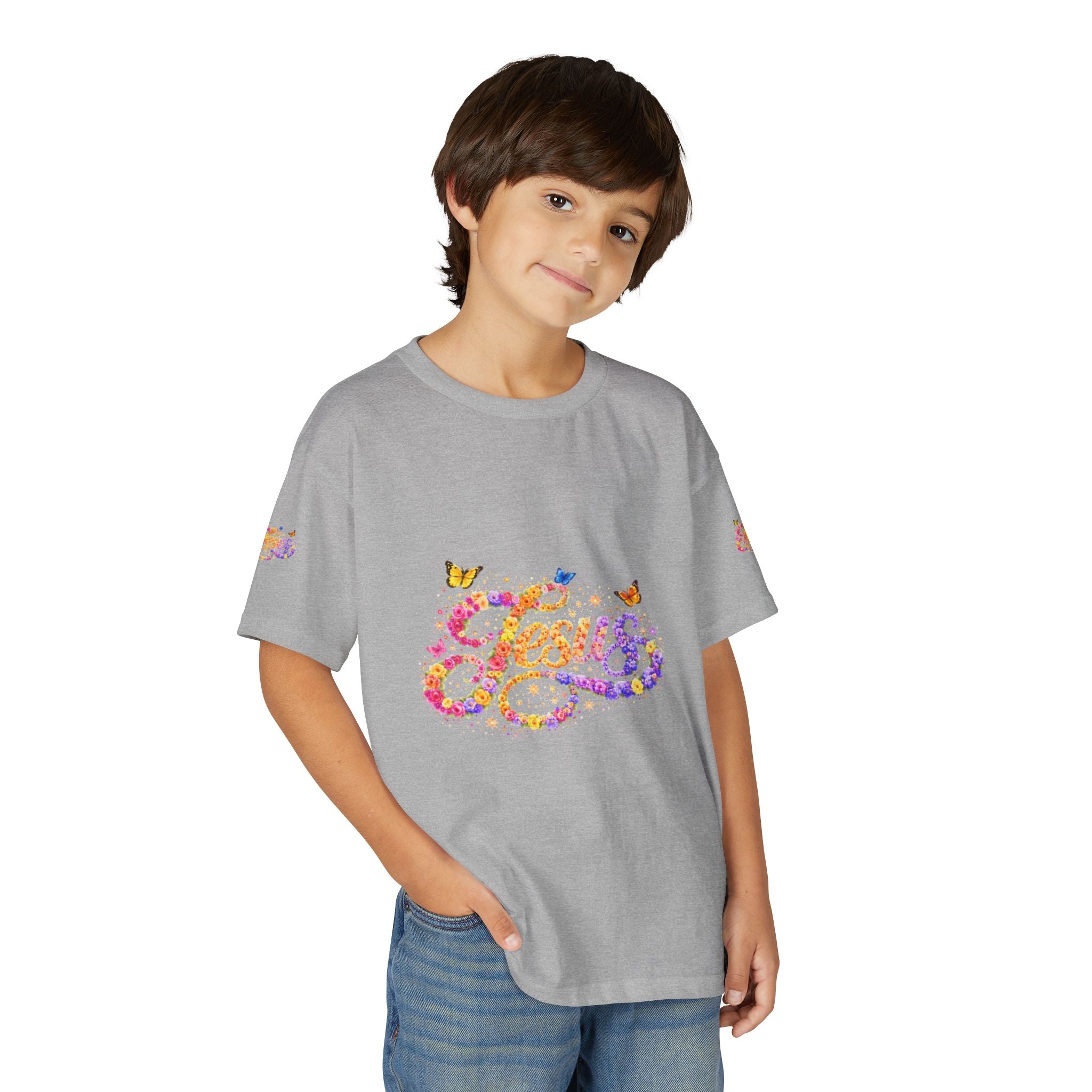 Youth Jesus Floral Butterfly T-Shirt – Christian Kids Faith Tee | Gratitude Sneaker Style Shirt