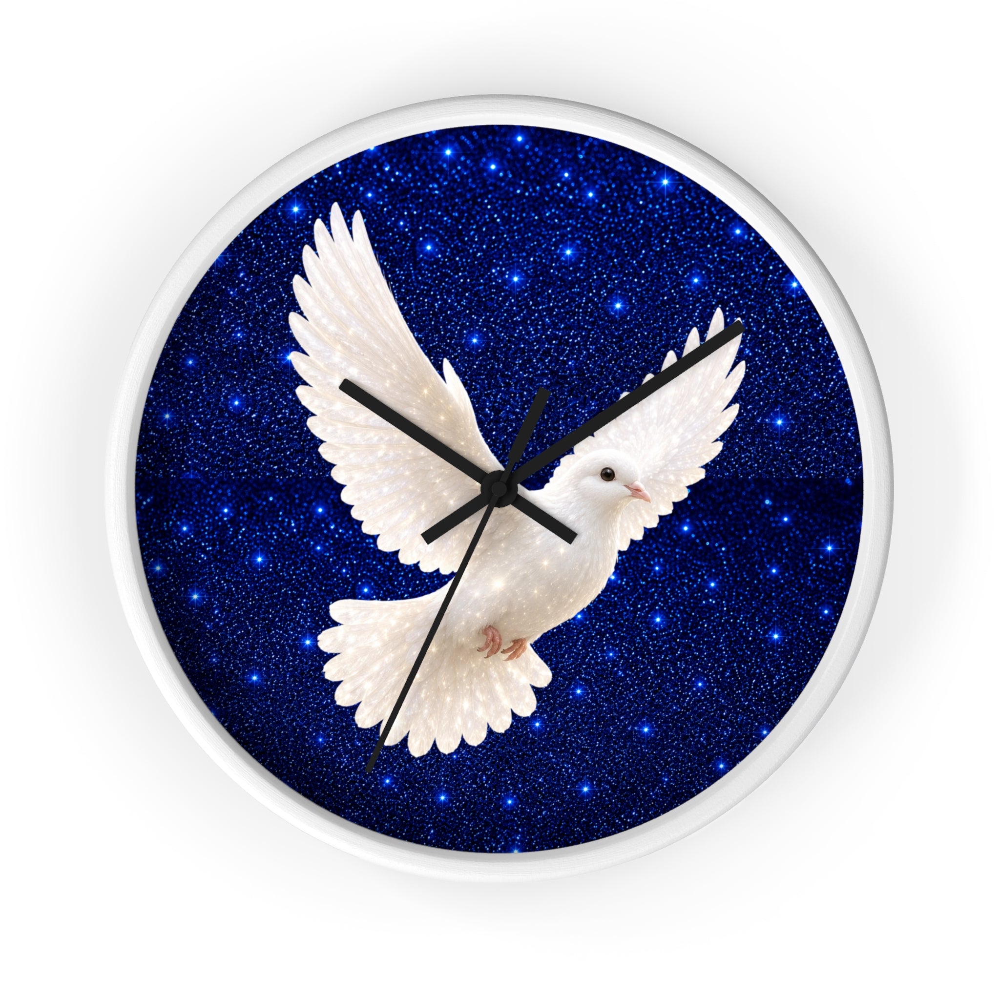 Round wall clock with a white border and a printed face featuring a white dove in flight against a deep blue starry background.