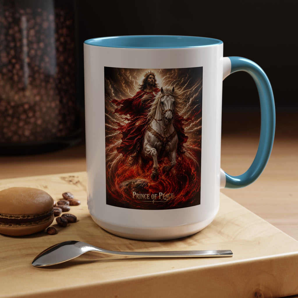 Inspirational Christian coffee mug featuring Jesus riding a white horse surrounded by radiant heavenly light with Prince of Peace artwork and colorful accent handle and interior.