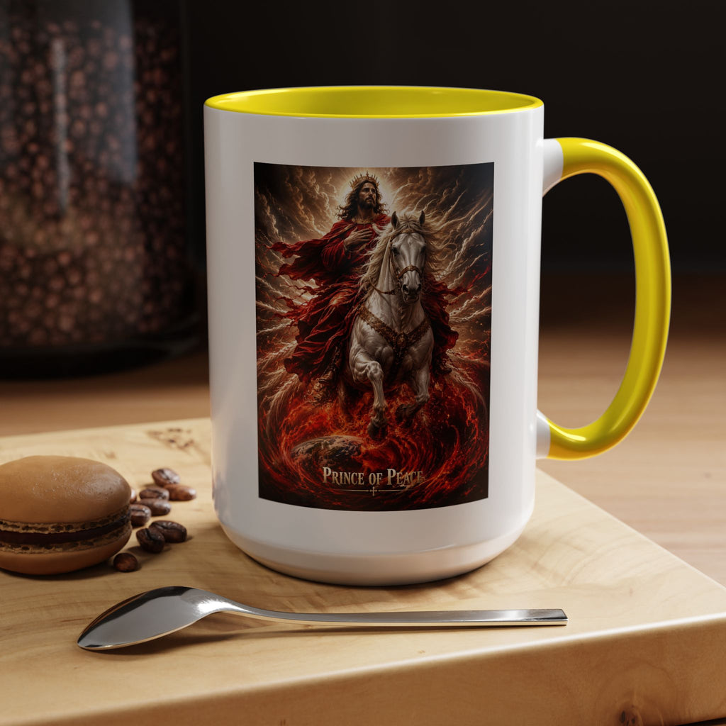 Inspirational Christian coffee mug featuring Jesus riding a white horse surrounded by radiant heavenly light with Prince of Peace artwork and colorful accent handle and interior.