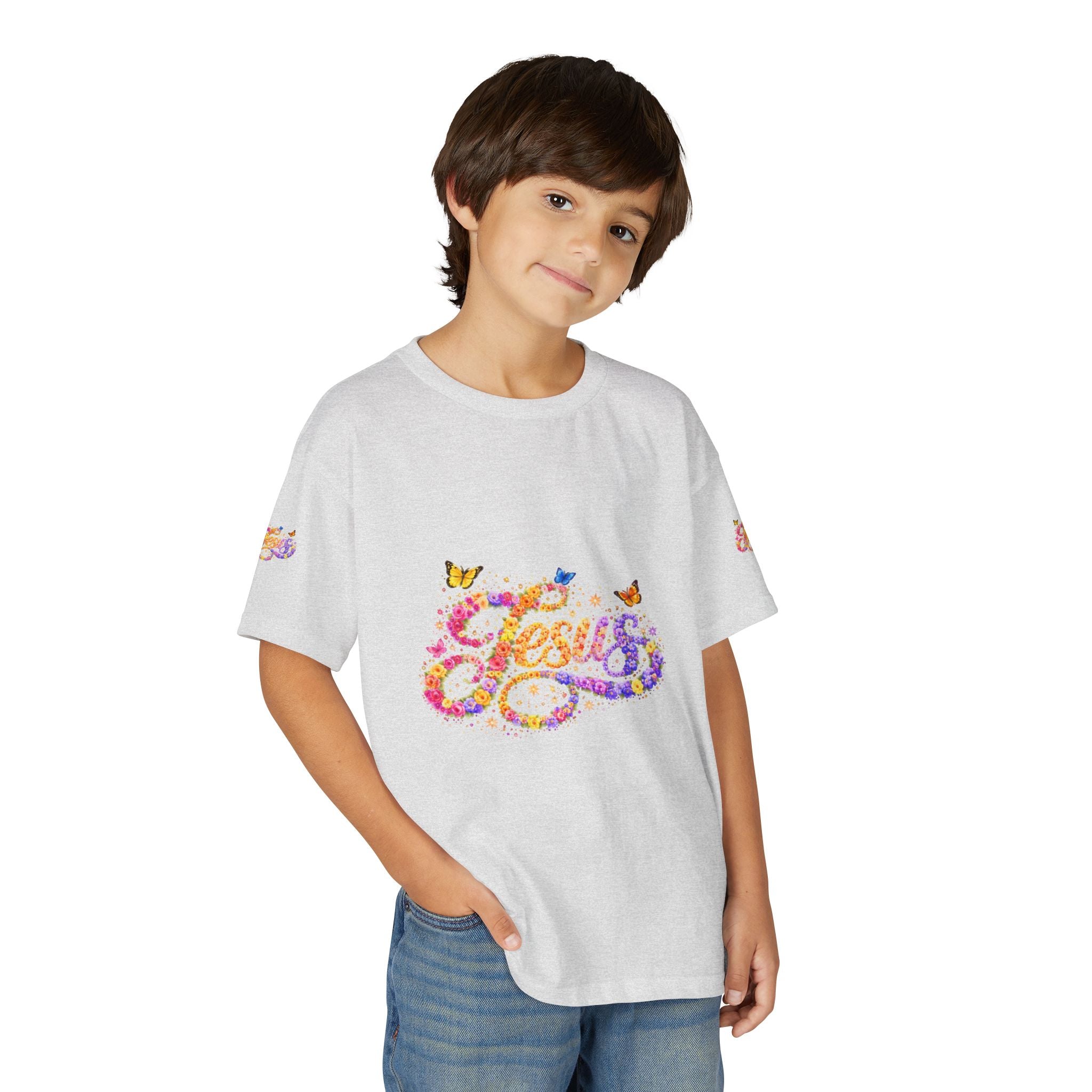 Youth Jesus Floral Butterfly T-Shirt – Christian Kids Faith Tee | Gratitude Sneaker Style Shirt