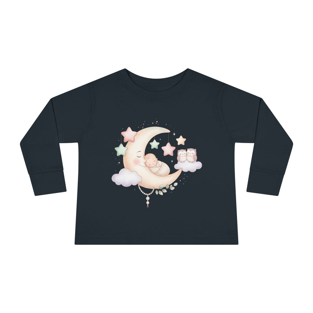 Baby Moon & Owl Toddler Long Sleeve Tee – Pastel Sleepy Moon Nursery Shirt | Cozy Toddler Pajama Style Tee