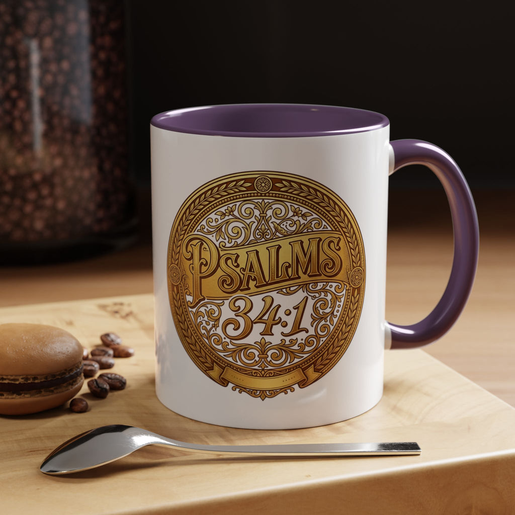 Inspirational Christian ceramic accent coffee mug featuring Psalm 34:1 in an ornate gold medallion design with colorful handle and interior accents.