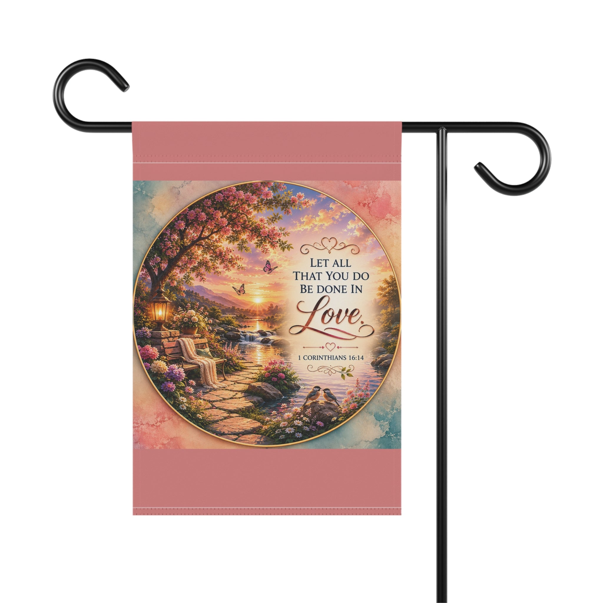 Garden Love Welcome Flag | 1 Corinthians 16:14 Inspirational Garden Banner | Christian Outdoor Decor