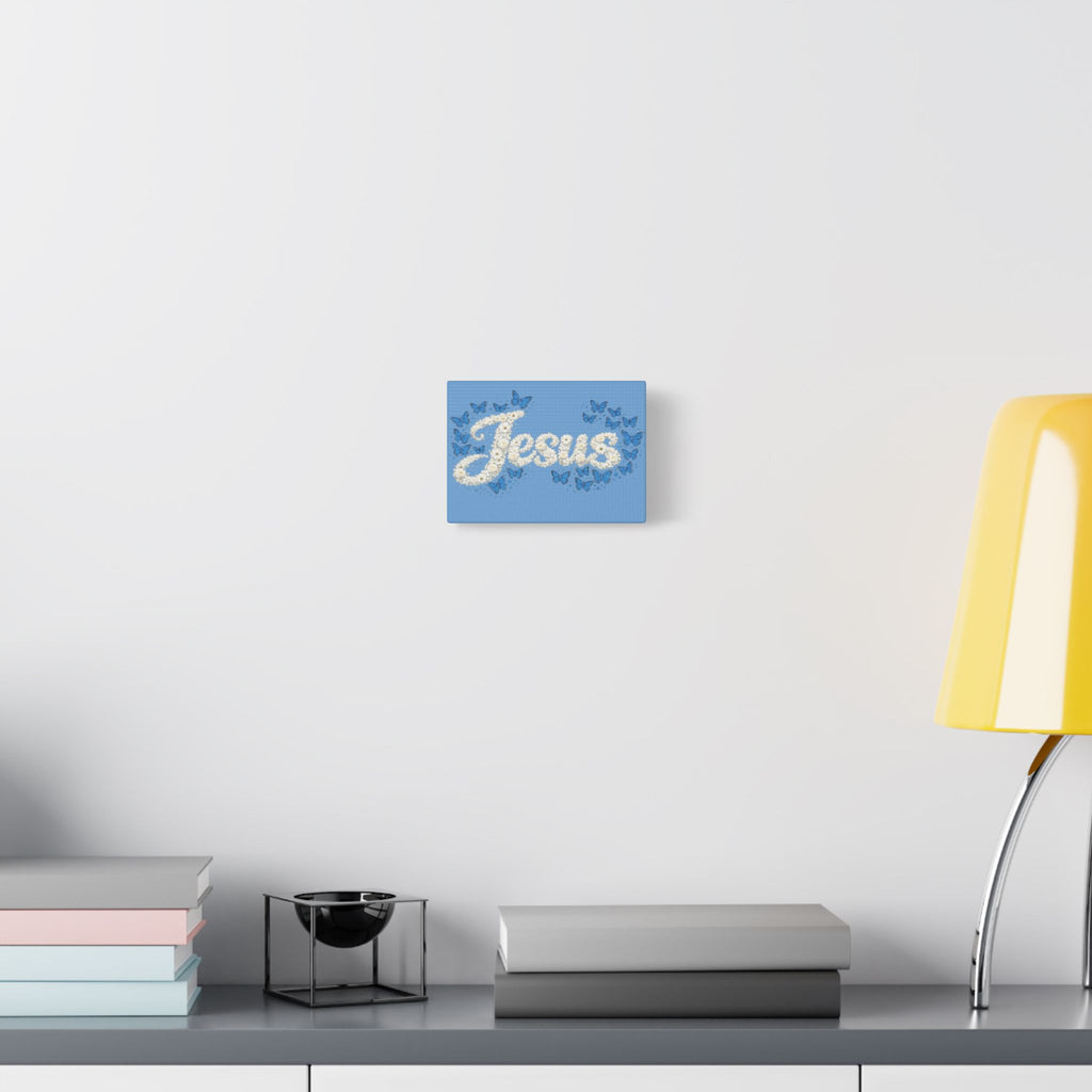 Jesus Floral Blue Butterfly Canvas Wall Art – Christian Satin Faith Print | Inspirational Home Decor