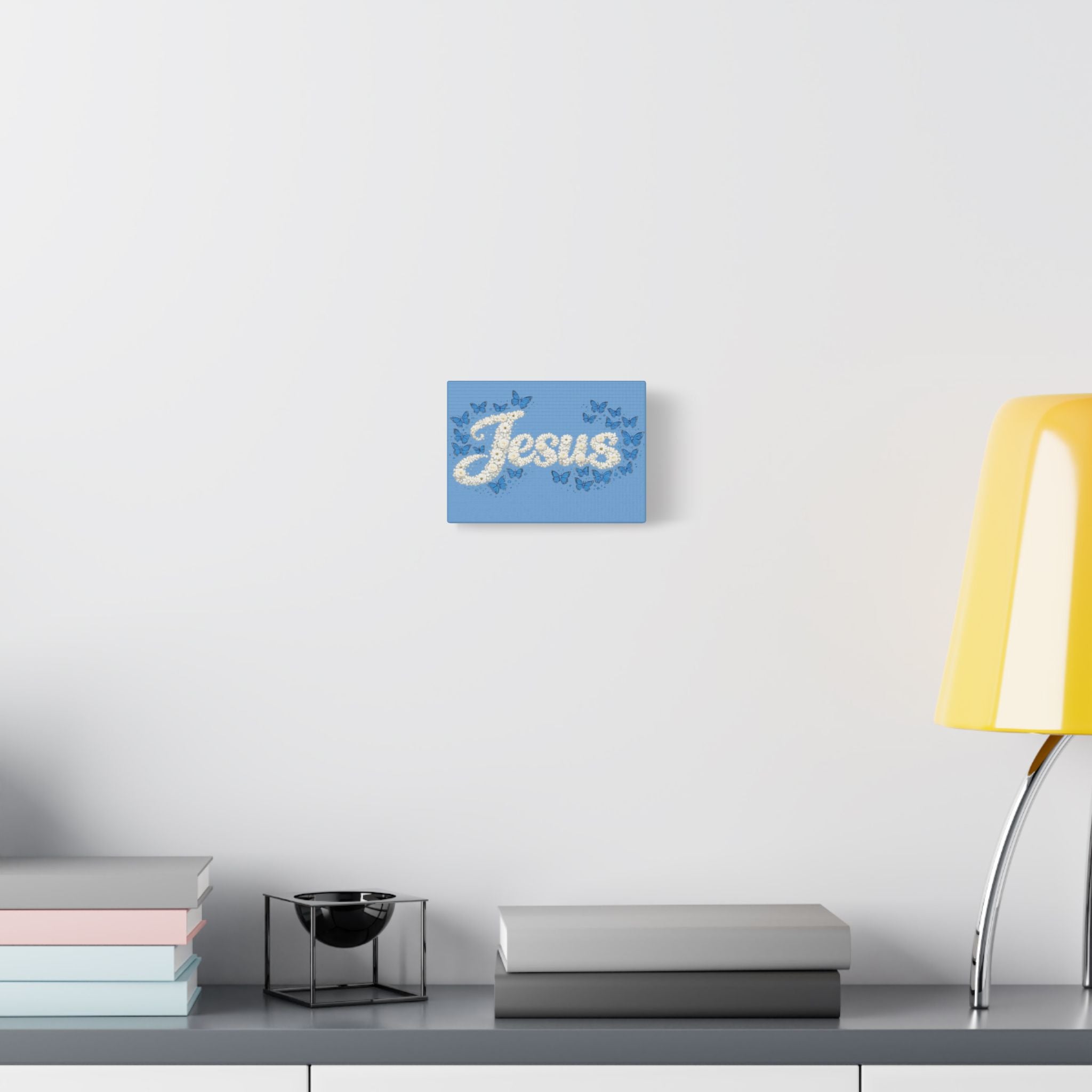 Jesus Floral Blue Butterfly Canvas Wall Art – Christian Satin Faith Print | Inspirational Home Decor