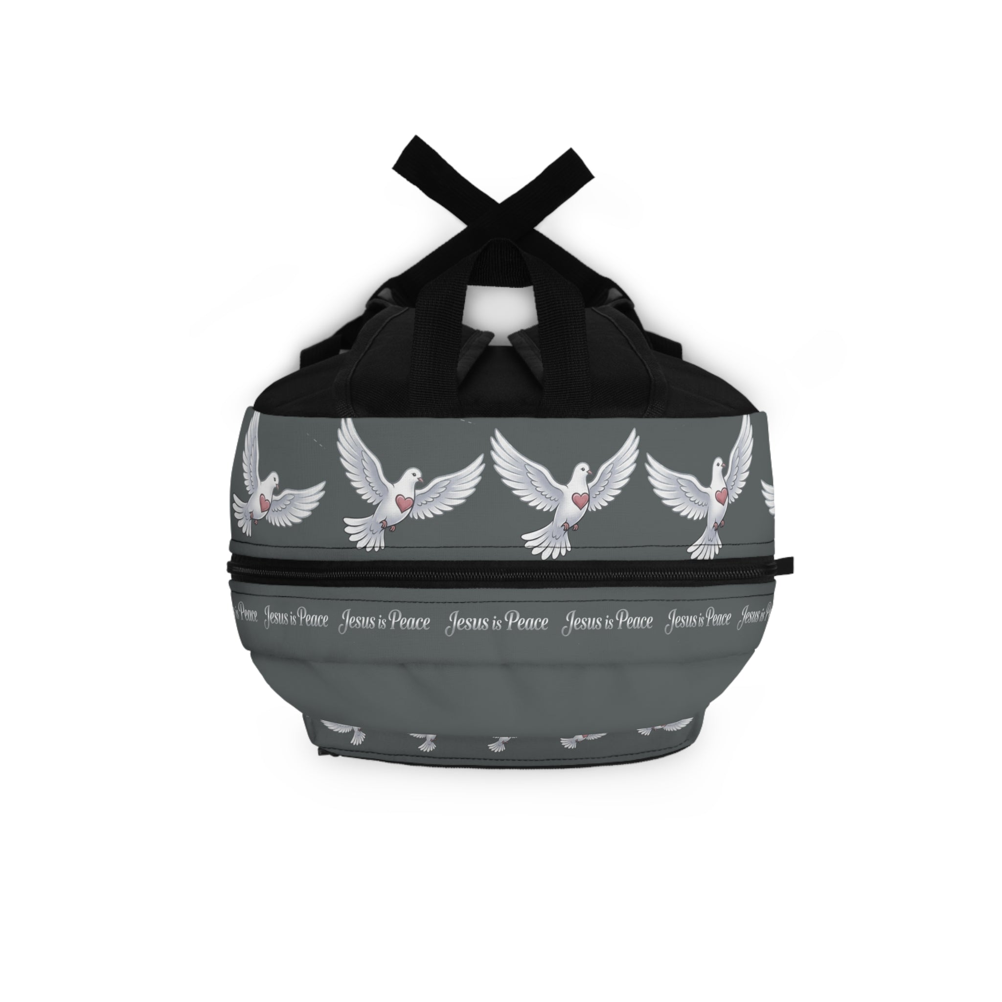 Gray Christian backpack featuring a white dove carrying a heart beneath the words "Jesus Is Peace," with multiple zippered compartments and padded shoulder straps.