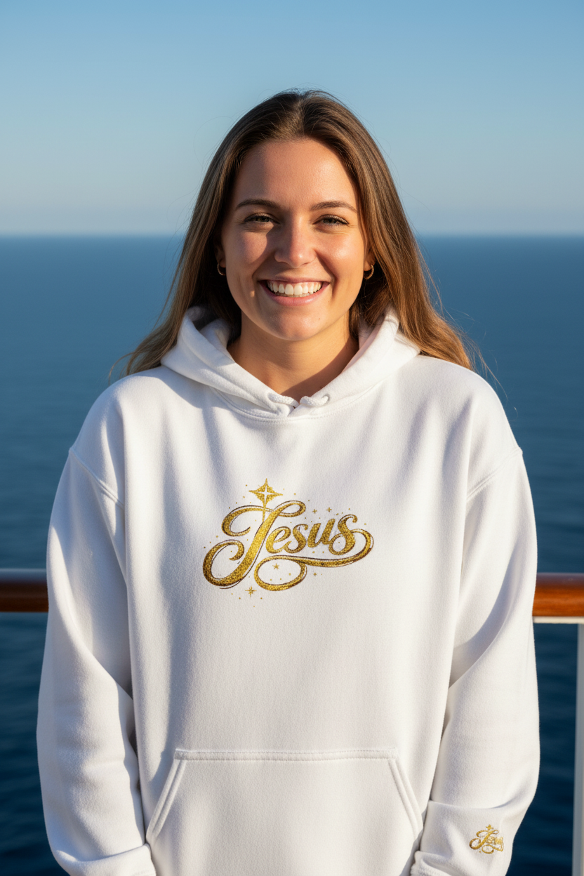 Jesus Gold Script Hoodie – Sparkle Christian Faith Pullover | Inspirational Hoodie