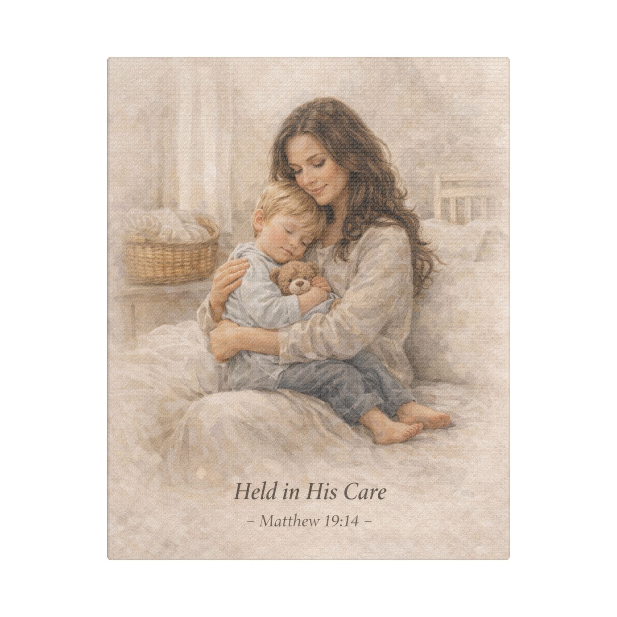 Held in His Care Canvas Wall Art – Matthew 19:14 Mother & Child