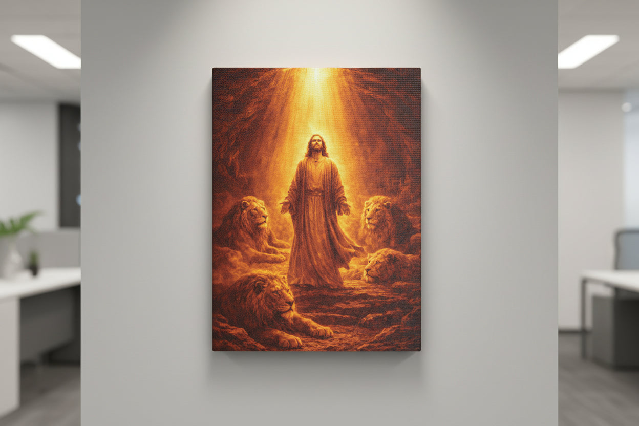 Daniel in the Lions' Den Canvas — Gold Biblical Wall Art | Christian Faith Decor