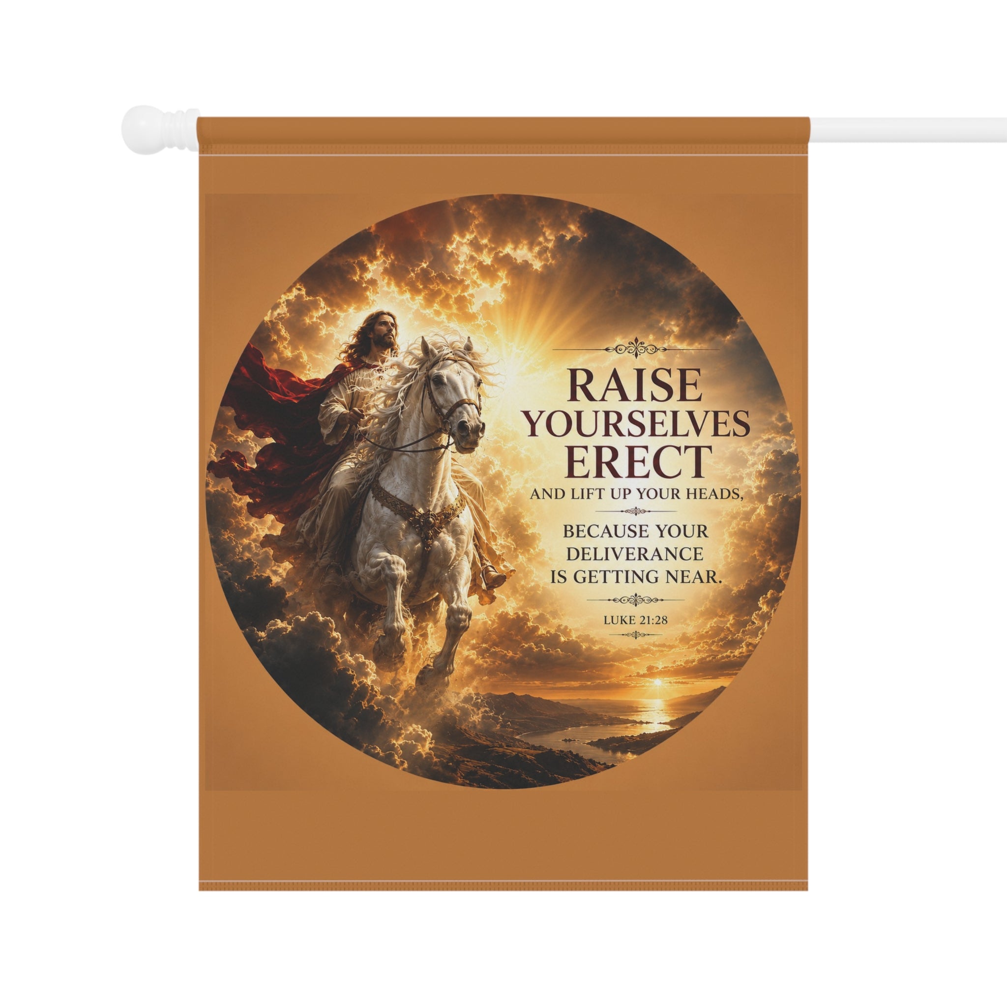 Jesus Rides White Horse Garden Flag | Luke 21:28 Inspirational Outdoor Banner | Christian Garden Decor