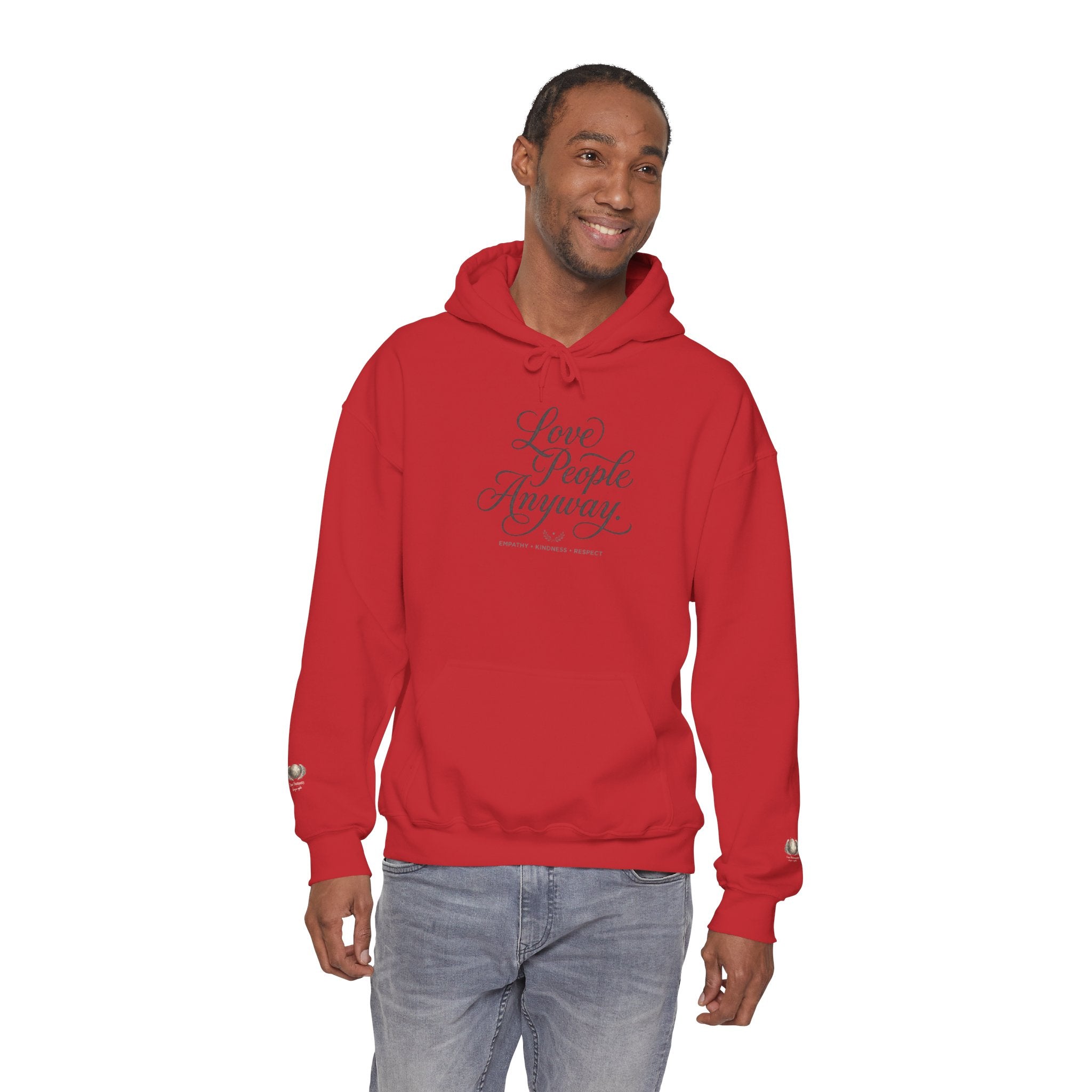 “Love People Anyway” Hoodie – Inspirational Script Graphic Sweatshirt | Compassion Message Pullover