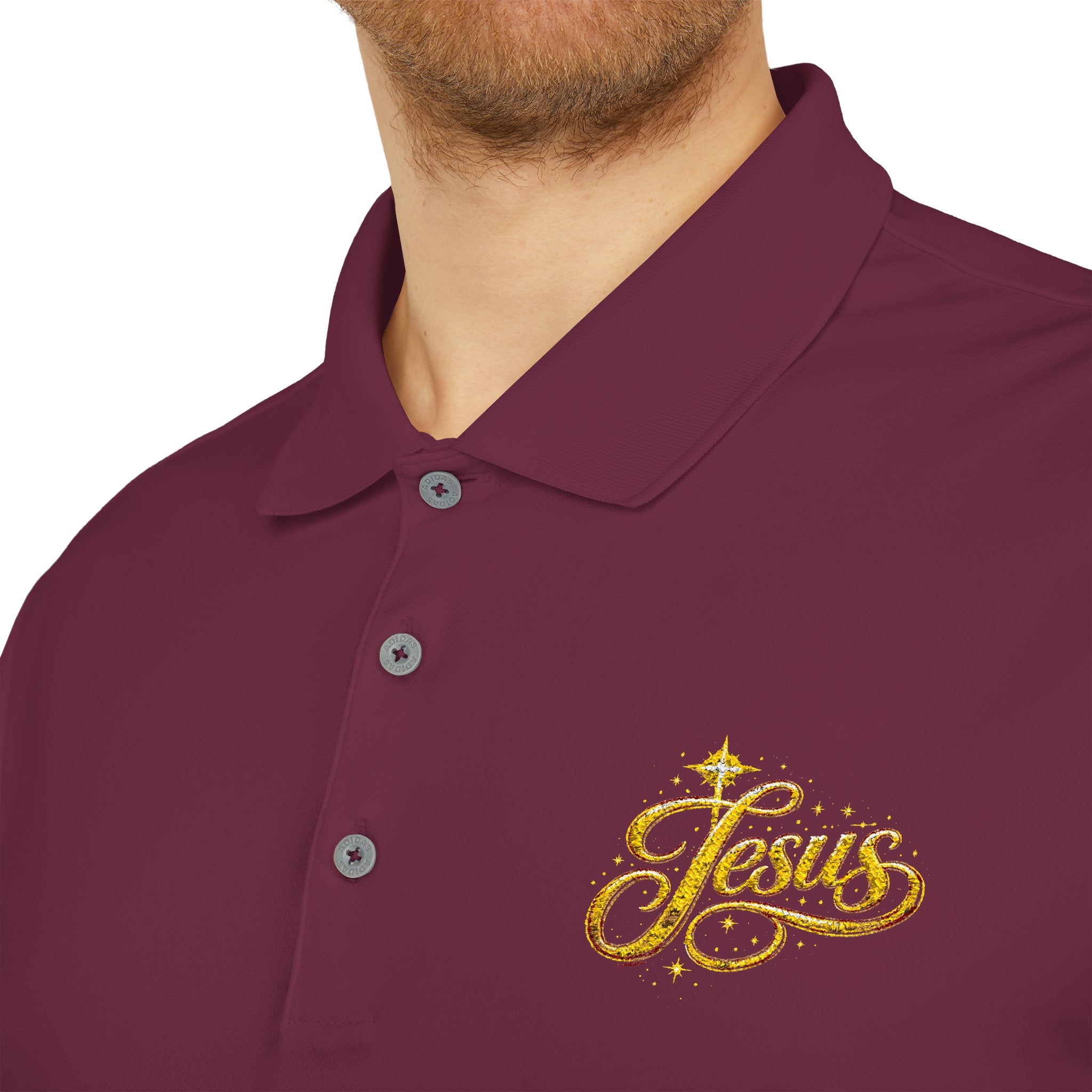 'Jesus' Script Embroidered Polo — Gold Faith Golf Shirt