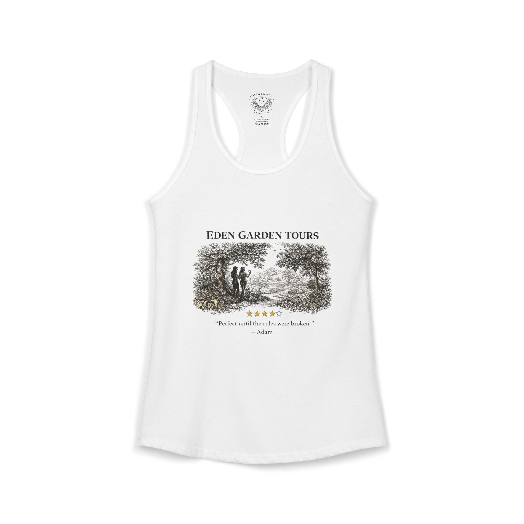 Eden Garden Tours Women's Racerback Tank — 'Adam's Review' Graphic