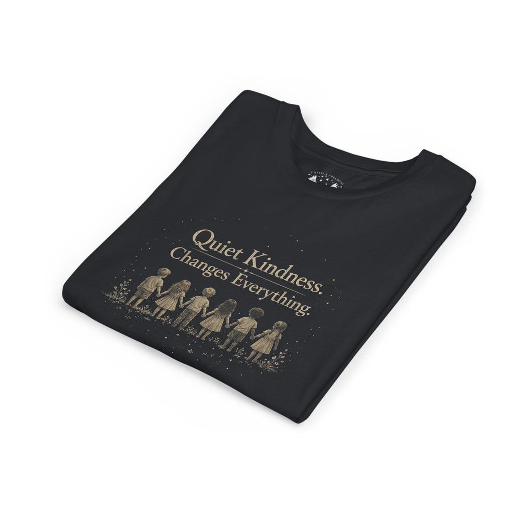 Youth “Quiet Kindness Changes Everything” Tee – Kids Inspirational T-Shirt with Earth & Friends Graphic