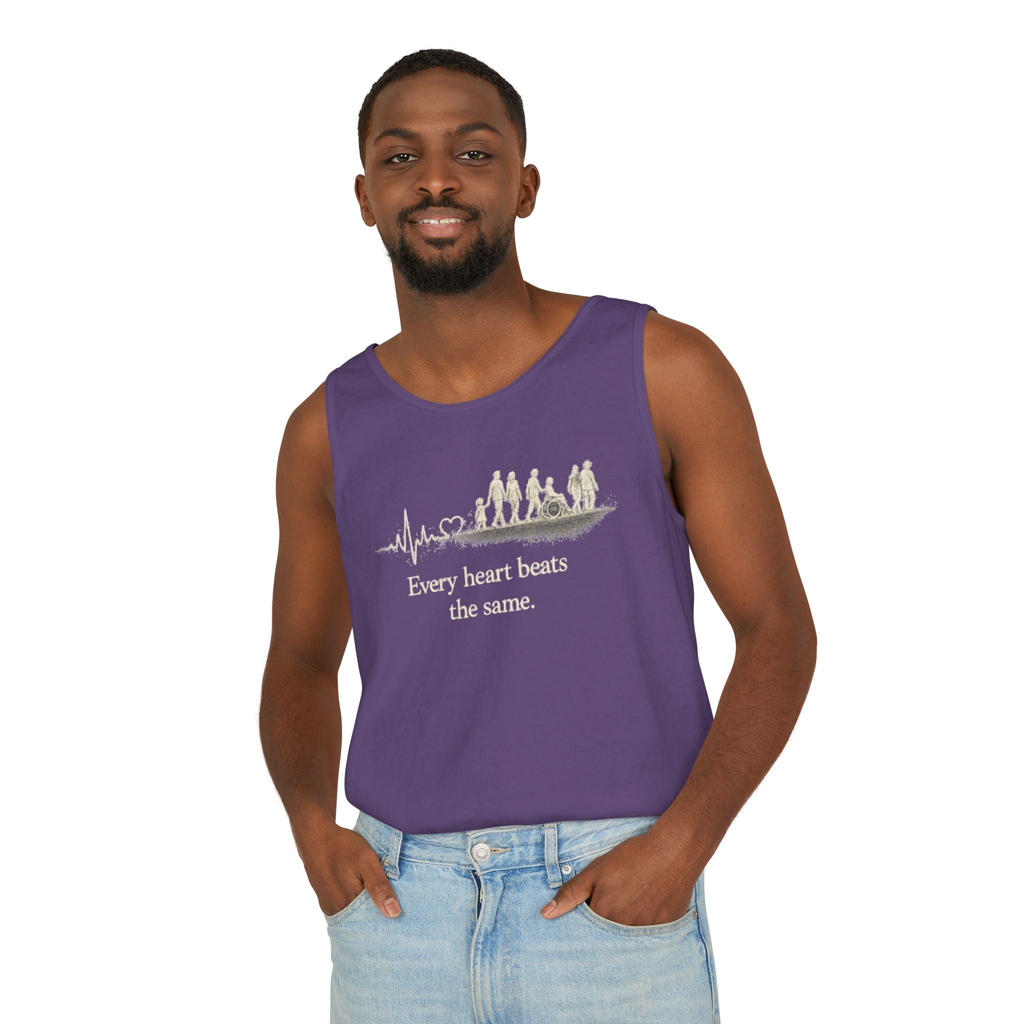 “Every Heart Beats the Same” Vintage Surf Tank Top – Garment-Dyed Coastal Unity Tank