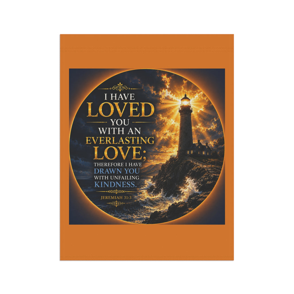 Everlasting Love Lighthouse Garden Flag | Jeremiah 31:3 Inspirational Outdoor Banner | Christian Coastal Decor