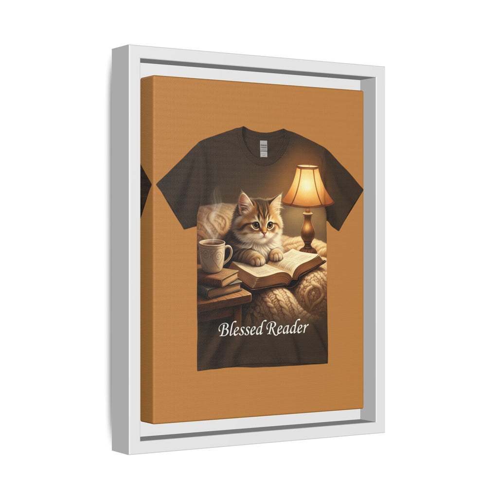 Blessed Reader Framed Canvas Print – Cozy Cat Reading Wall Art | Book Lover Cat Decor