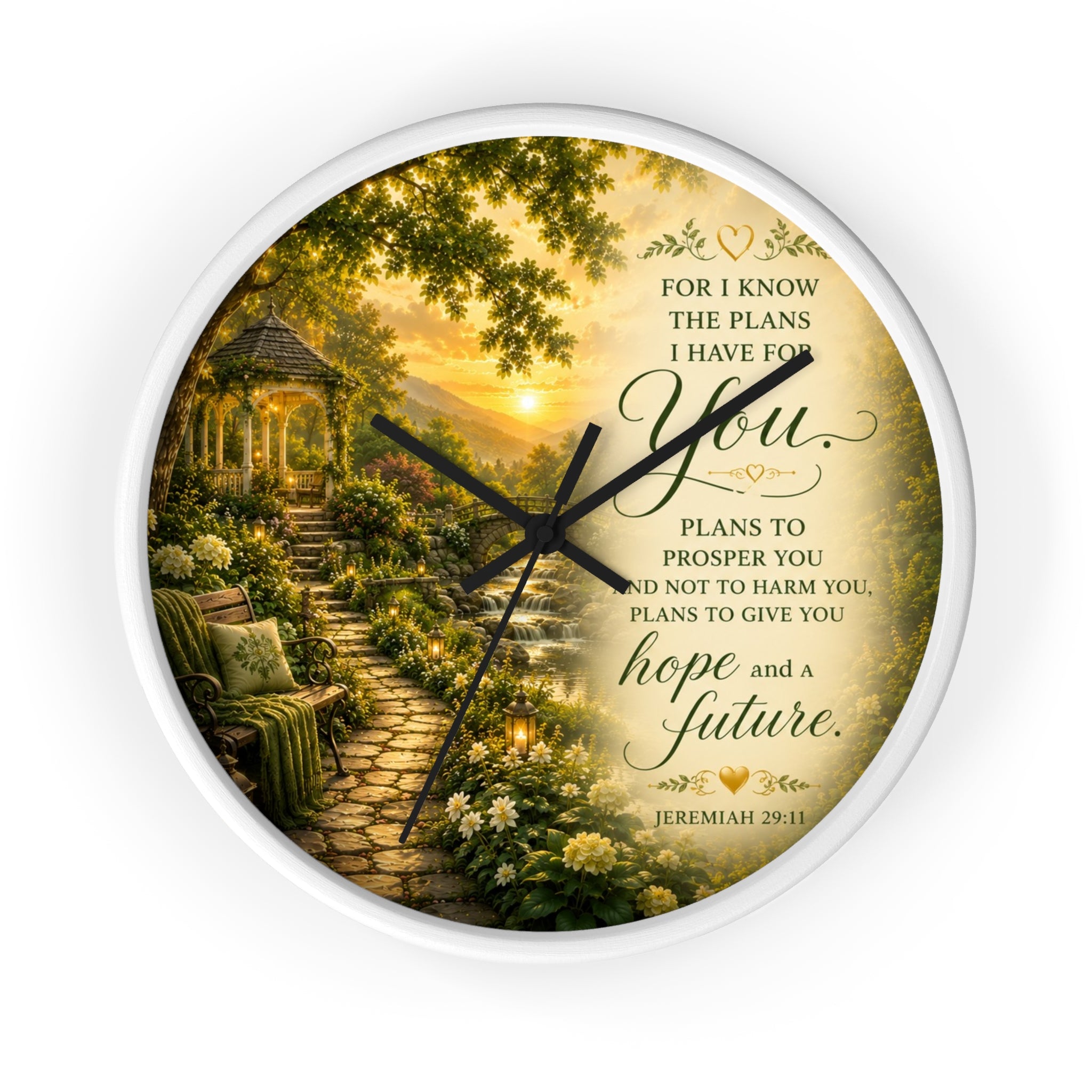 Inspirational Christian wall clock featuring a peaceful garden pathway, gazebo, and Jeremiah 29:11 scripture about hope and a future in warm sunset tones.
