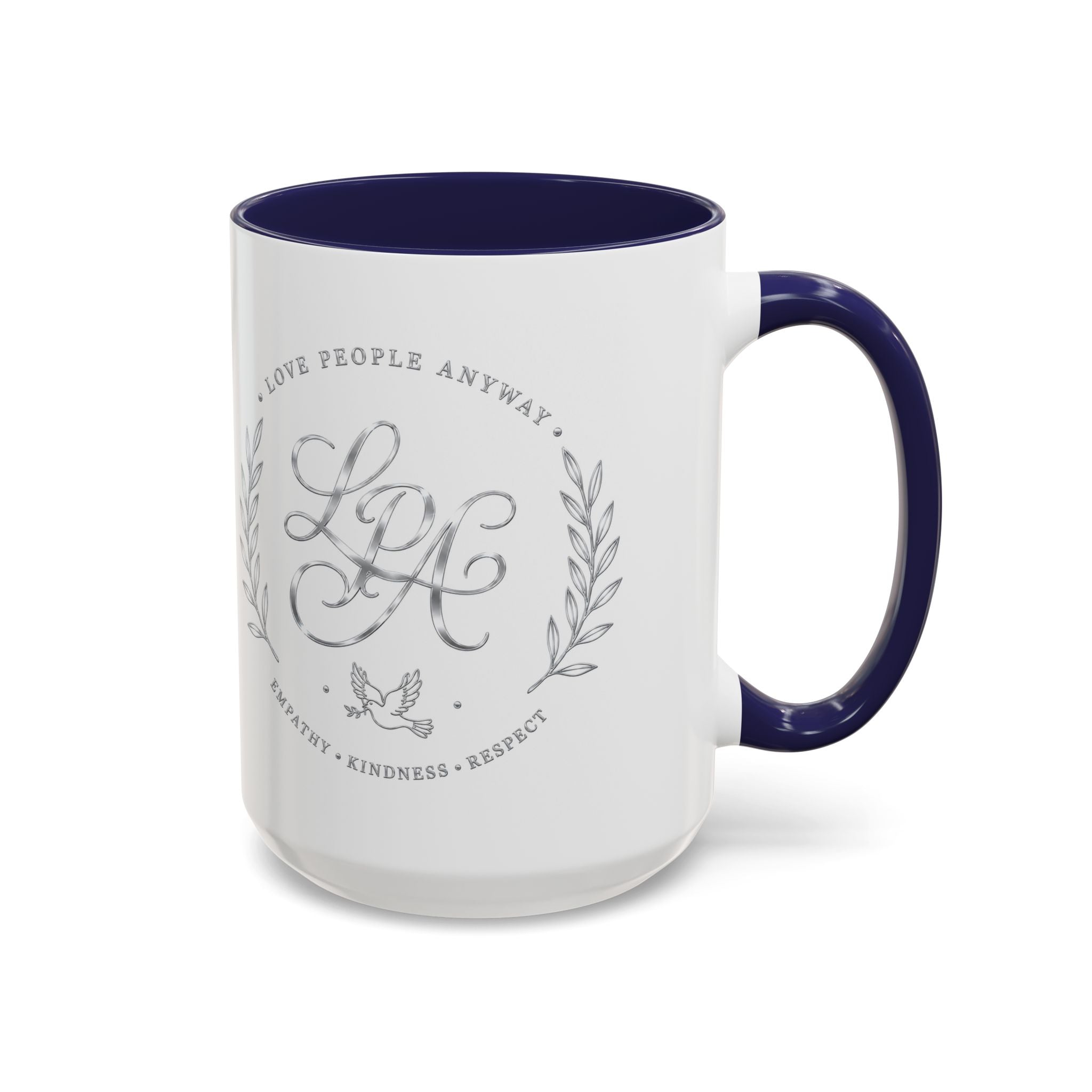Love People Anyway Silver Accent Coffee Mug | Inspirational Monogram Mug | Faith Freedom Creations