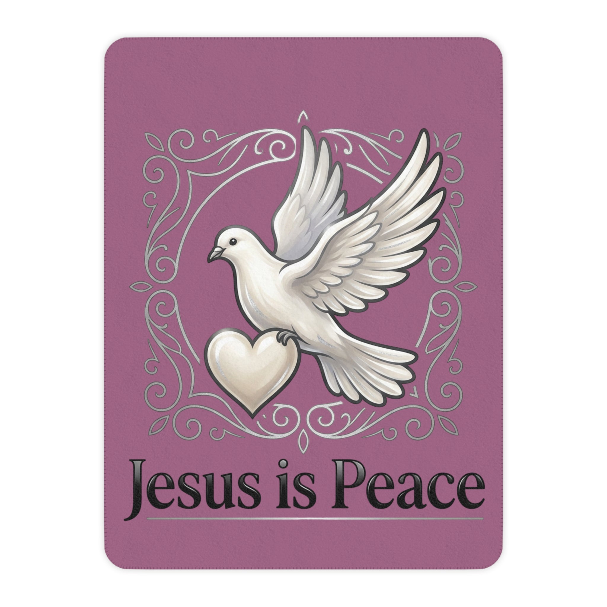 Pink Christian sherpa blanket featuring a white dove carrying a heart with the words "Jesus Is Peace" in elegant lettering.