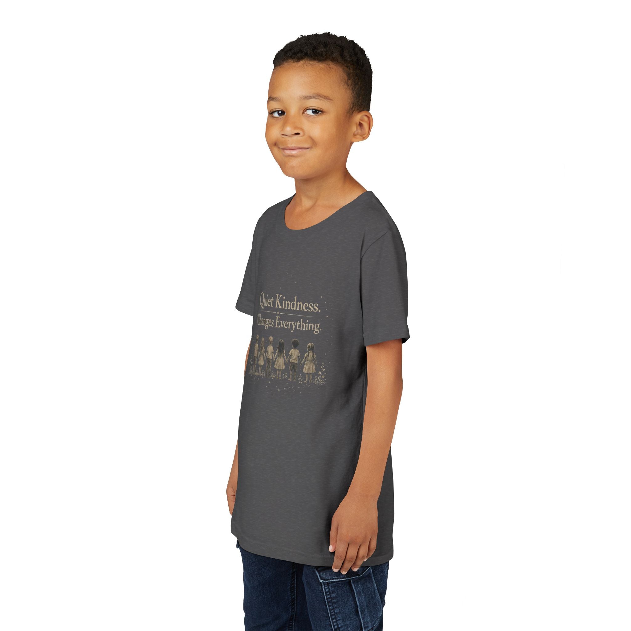 Youth “Quiet Kindness Changes Everything” Tee – Kids Inspirational T-Shirt with Earth & Friends Graphic
