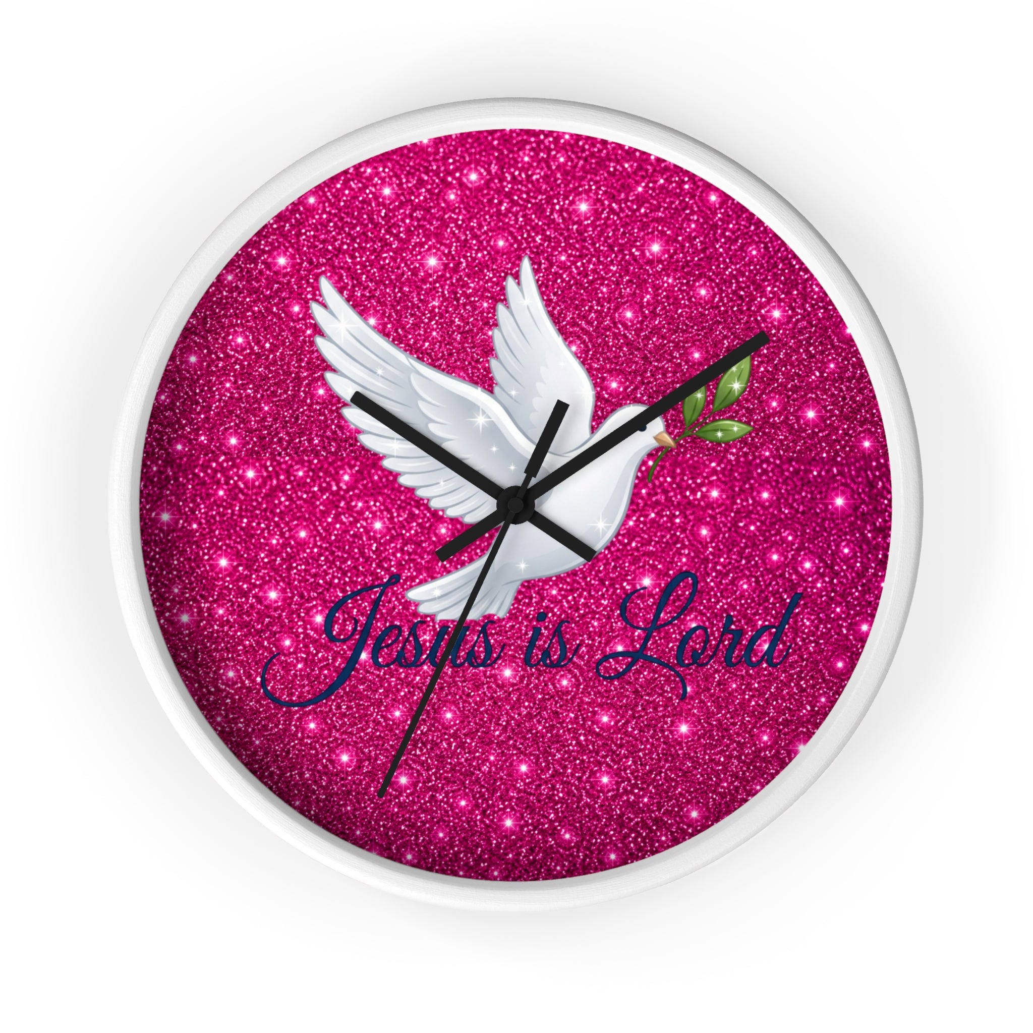 Round wall clock featuring a white dove carrying an olive branch with the words "Jesus Is Lord" on a sparkling pink background, finished with a wood frame and silent quartz movement.