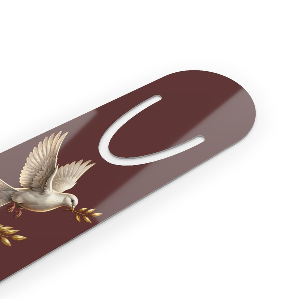 Inspirational Christian aluminum bookmark featuring a dove and laurel design with “Praise Him” and Psalm 34:1 on a rich maroon background, finished with a brushed metal backing and secure page-holding slot.