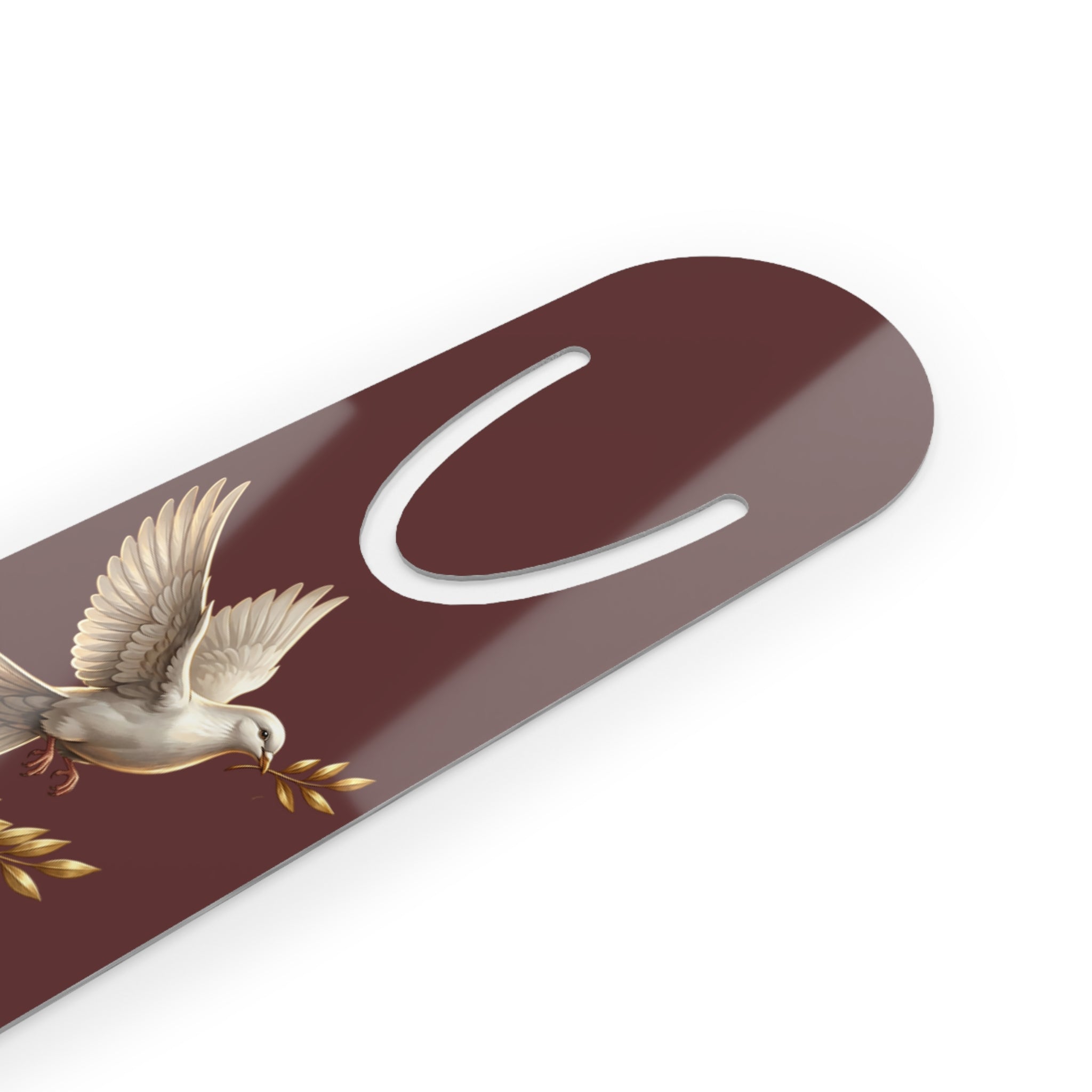 Inspirational Christian aluminum bookmark featuring a dove and laurel design with “Praise Him” and Psalm 34:1 on a rich maroon background, finished with a brushed metal backing and secure page-holding slot.
