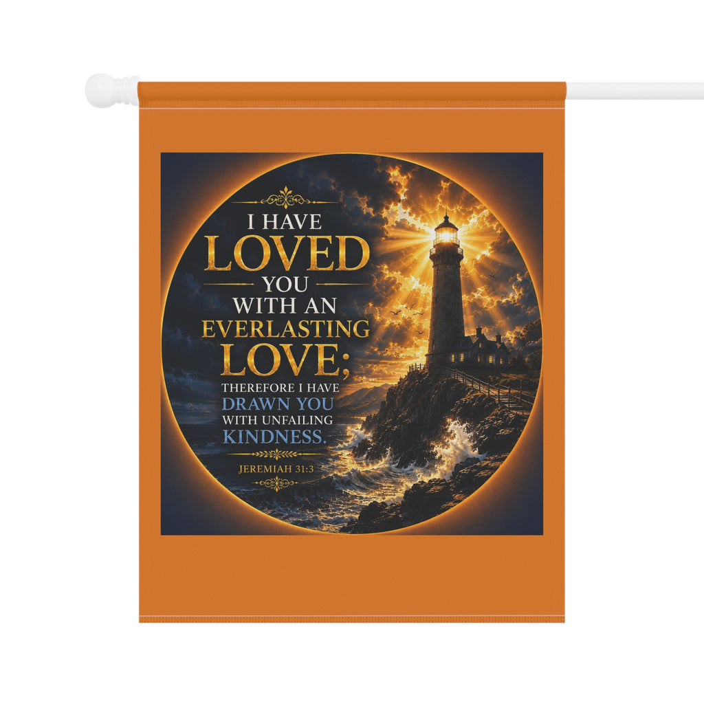 Everlasting Love Lighthouse Garden Flag | Jeremiah 31:3 Inspirational Outdoor Banner | Christian Coastal Decor