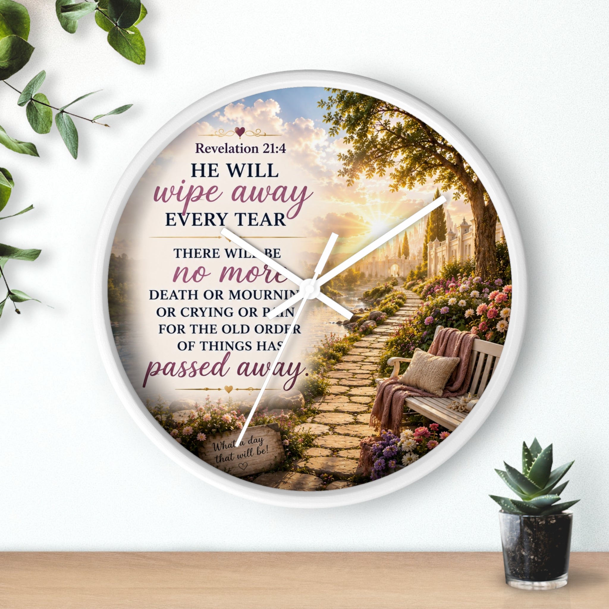 Revelation 21:4 Wall Clock | Christian Prayer Garden Decor | Inspirational Silent Wall Clock