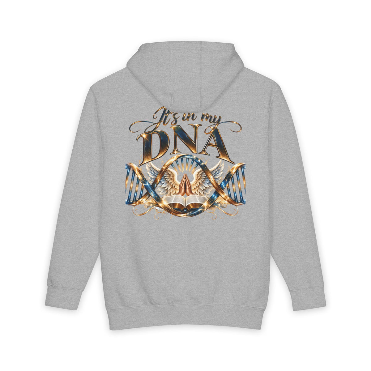 A light gray pullover hoodie shown from the back, featuring a large graphic print with the text 'It's in my DNA' and a detailed design of blue and gold DNA double helixes with a winged figure in the center.