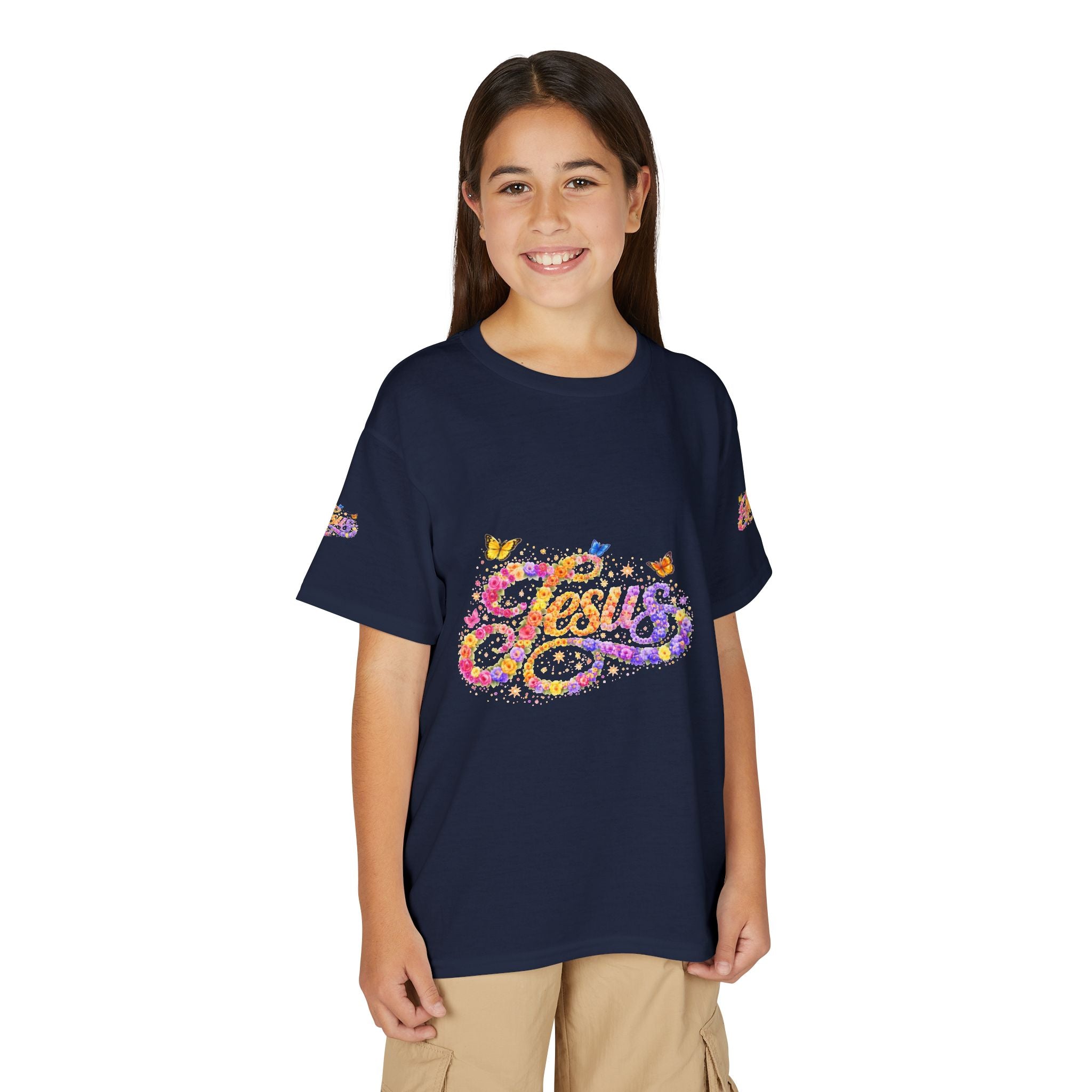 Youth Jesus Floral Butterfly T-Shirt – Christian Kids Faith Tee | Gratitude Sneaker Style Shirt